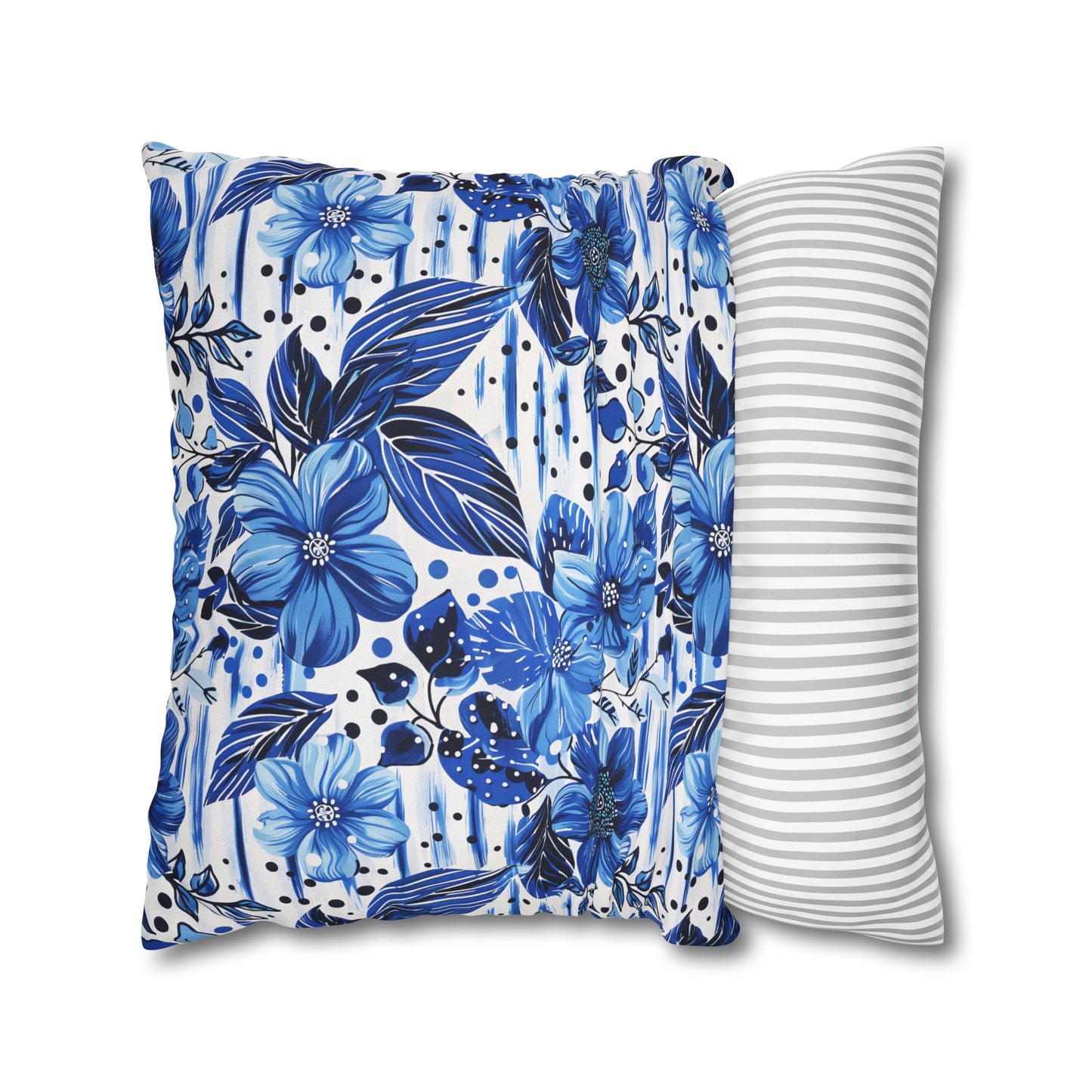 Floral Symphony in Shades of Blue, Harmonized with Abstract Lines Spun Polyester Square Pillowcase 4 Sizes