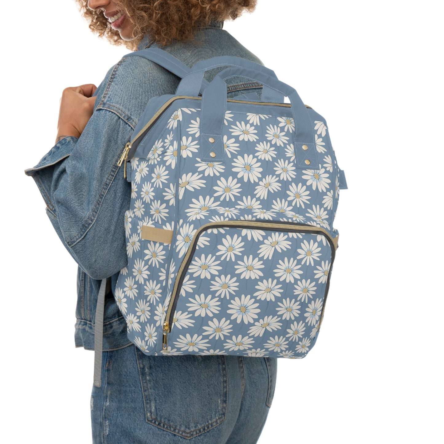 Charming White Daisies on a Soft Blue Background Multifunctional Diaper Backpack