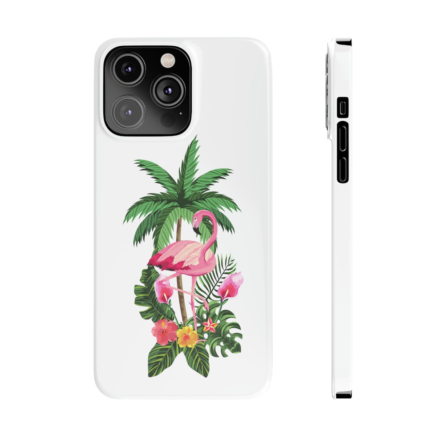 Tropical Pink Flamingo and Flowers White Background Iphone 15-12 Slim Phone Case