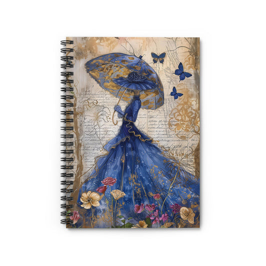 Victorian Splendor of a Women in Blue Hats & Dresses, Graced by Blue Butterflies in a Vintage Flower Garden  - Spiral Ruled Line Notebook 6"x8"