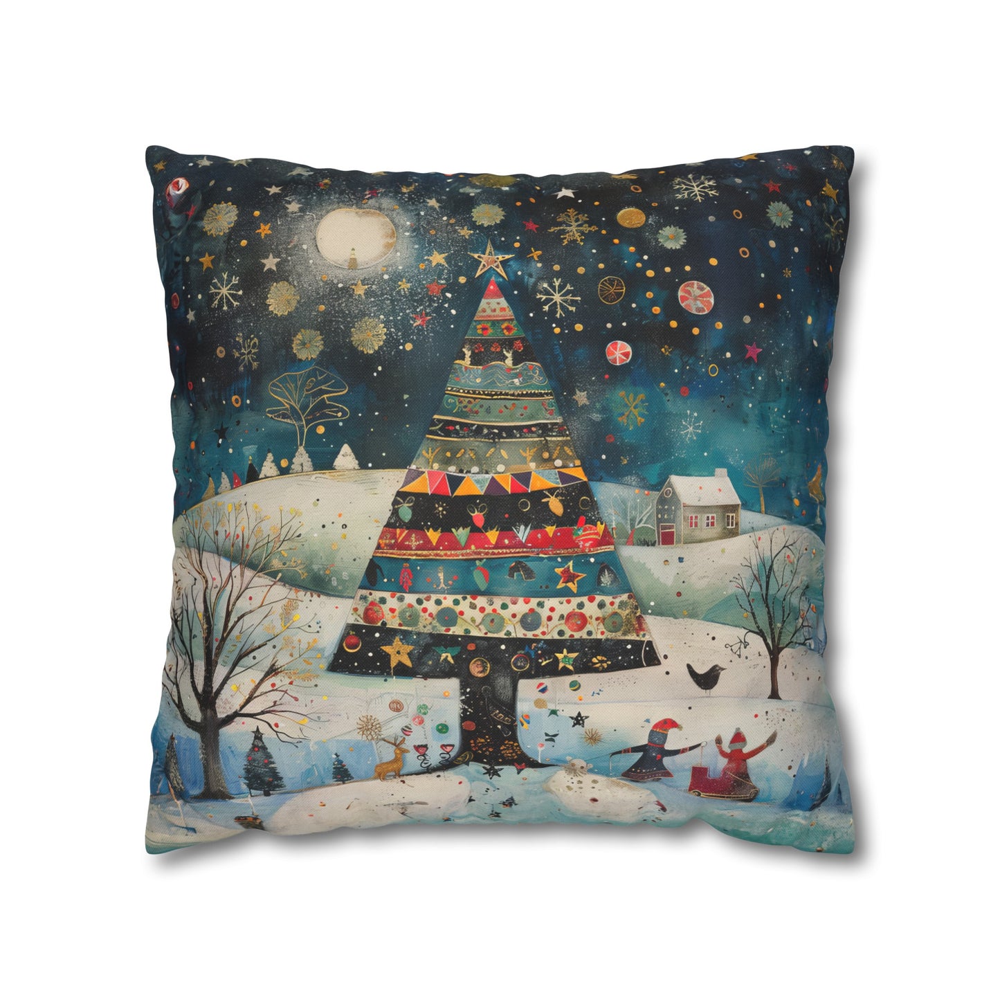 Nighttime Delights: Folk Art Christmas Tree Illuminating a Town, with Joyful Children Playing Below Spun Polyester Square Pillowcase 4 Sizes