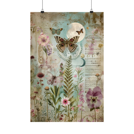 Mystical Musical Moon Celestial Pink Flowers and Butterflies Print on Matte Poster  - 4 Sizes