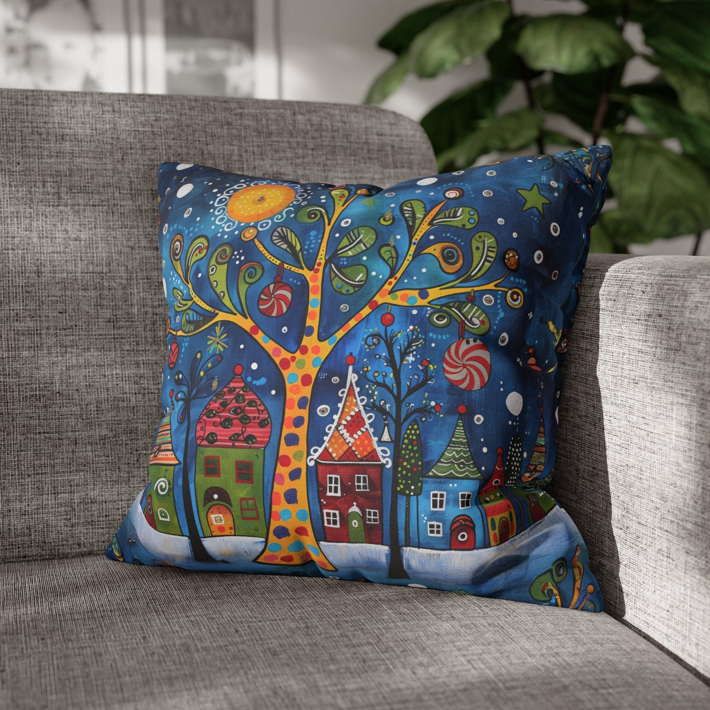 Winter Village Abstract Folk Art Christmas Scene Spun Polyester Square Pillowcase 4 Sizes