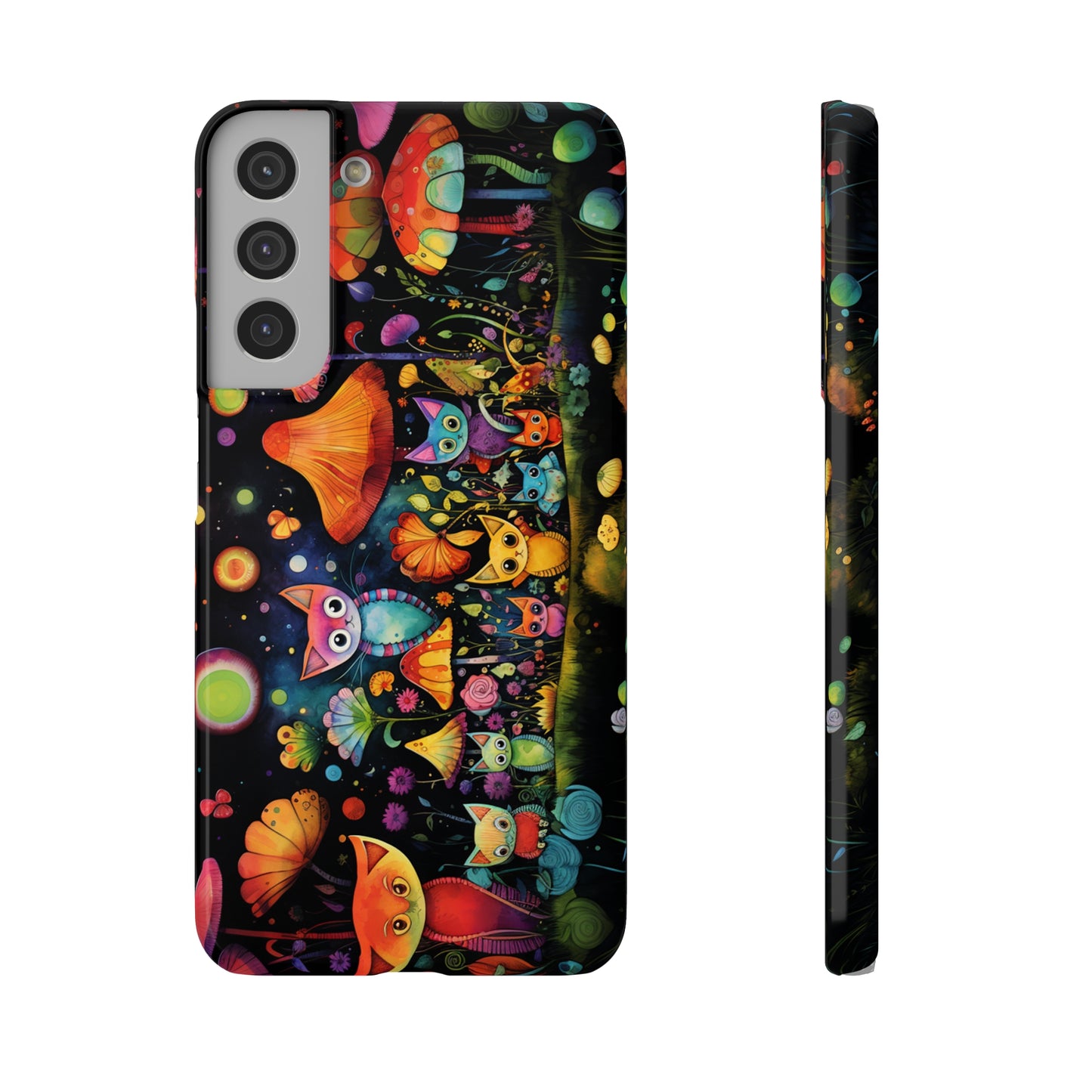 Mystical Cats Amidst a Garden of Flowers and Mushrooms, Beneath a Starry Sky Samsung Slim Cases