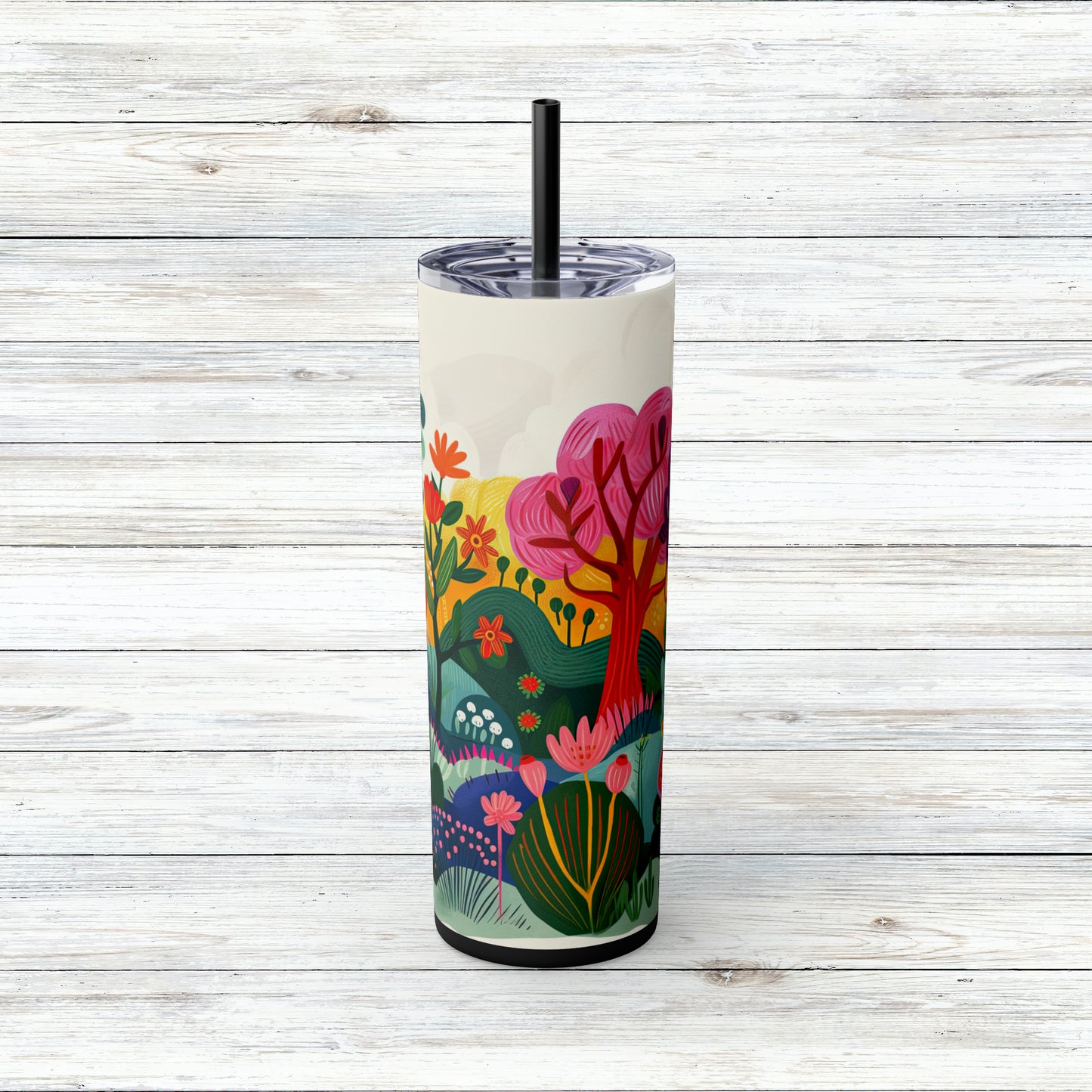 Springtime Abstract Field of Trees and Flowers in the Artistic Style of Josef Frank Skinny Tumbler with Straw, 20oz