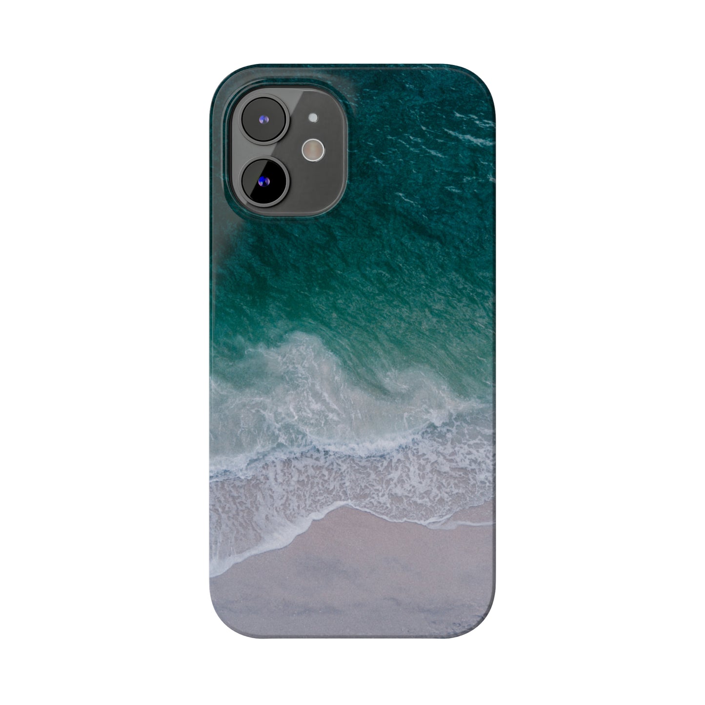 Ocean's Embrace: Deep Green Waters with White Waves Crashing onto the Beach Design Iphone 15-12 Slim Phone Case