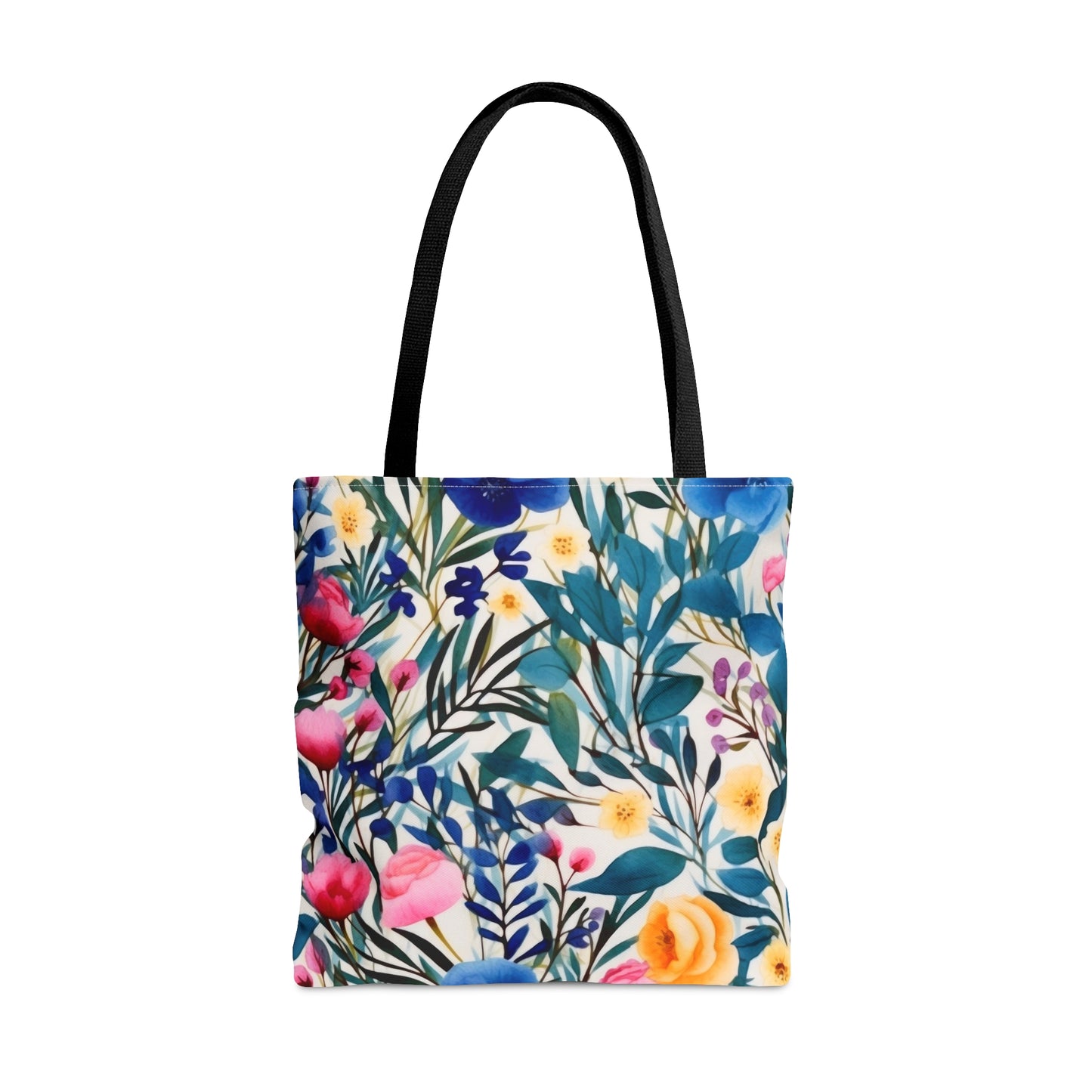 Blooming Brilliance: Large Watercolor Floral Design in Blue, Yellow, and Pink  - Canvas Tote 3 Sizes