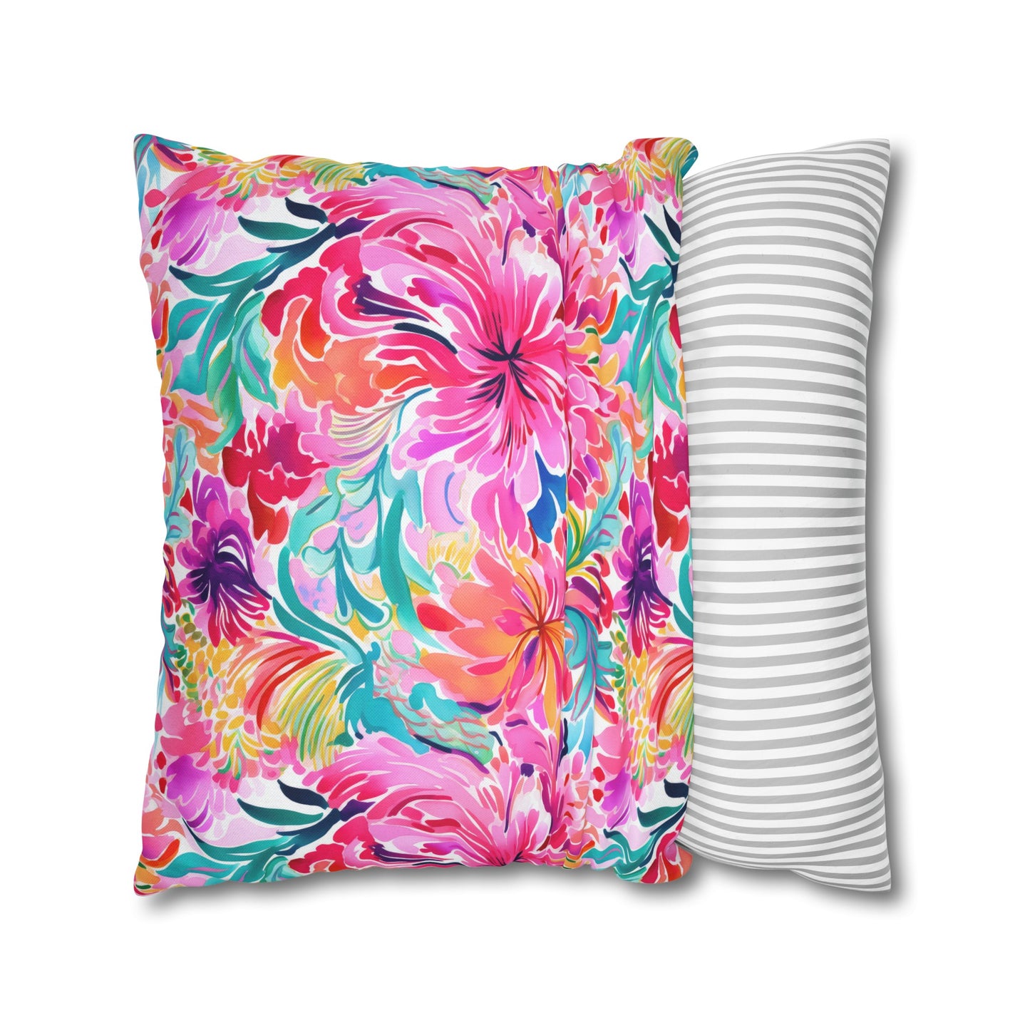 Rainbow Tropics: Watercolor Flowers in Vibrant Pink, Green and Orange Hues Spun Polyester Square Pillowcase 4 Sizes