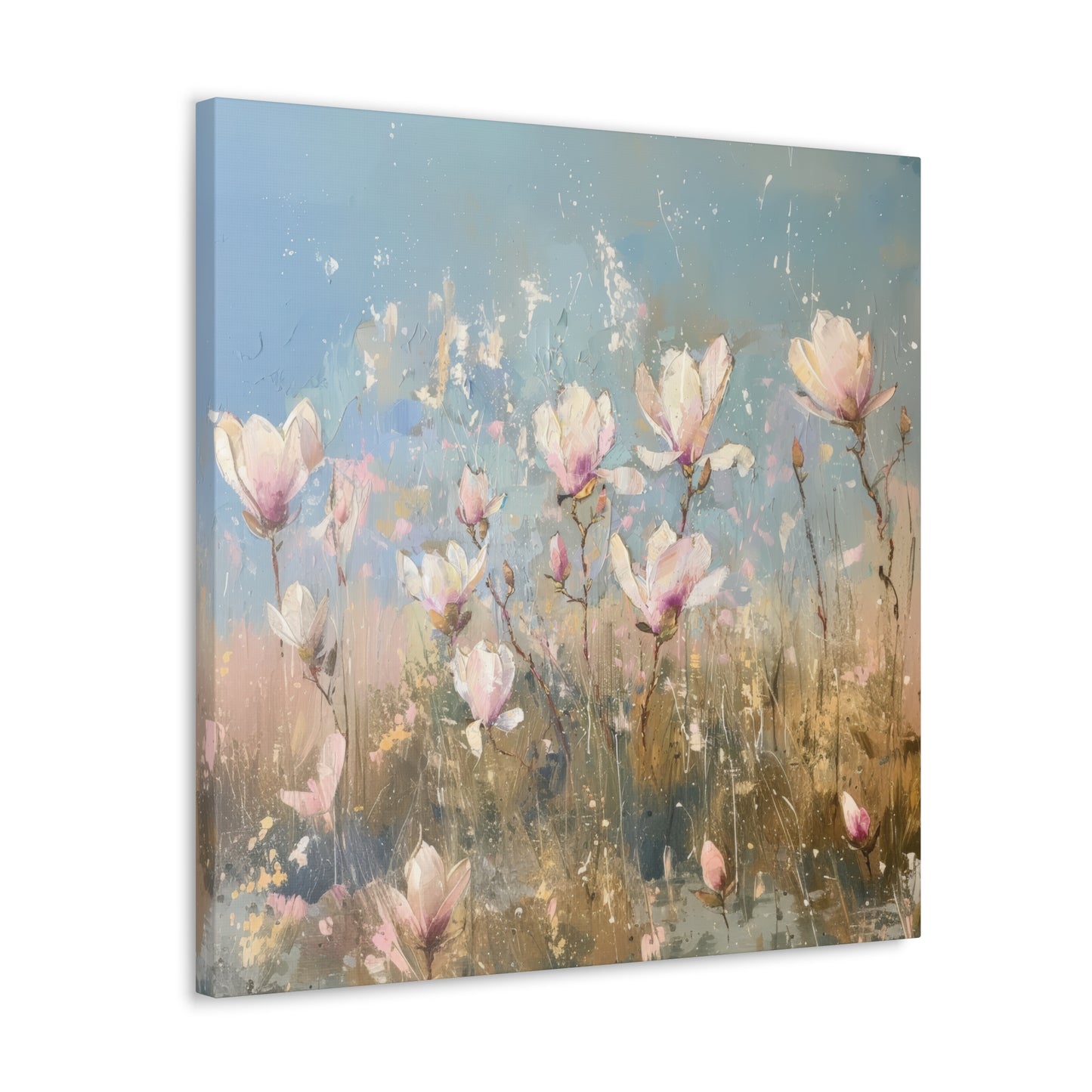 Gentle Spring Serenity: Soft White and Pink Wildflowers Blooming in a Sunlit Field Print on Canvas Gallery Wraps  - 5 Sizes