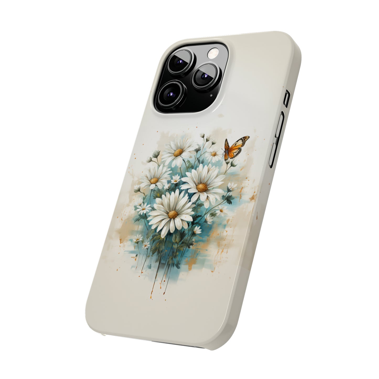 Rustic Farmhouse Teal and White Wild Daisies and Butterflies Iphone 15-12 Slim Phone Case