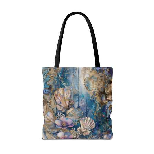 Vintage Blue and Pink Seashells, Pearls and Flowers Canvas Tote Bag - 3 Sizes