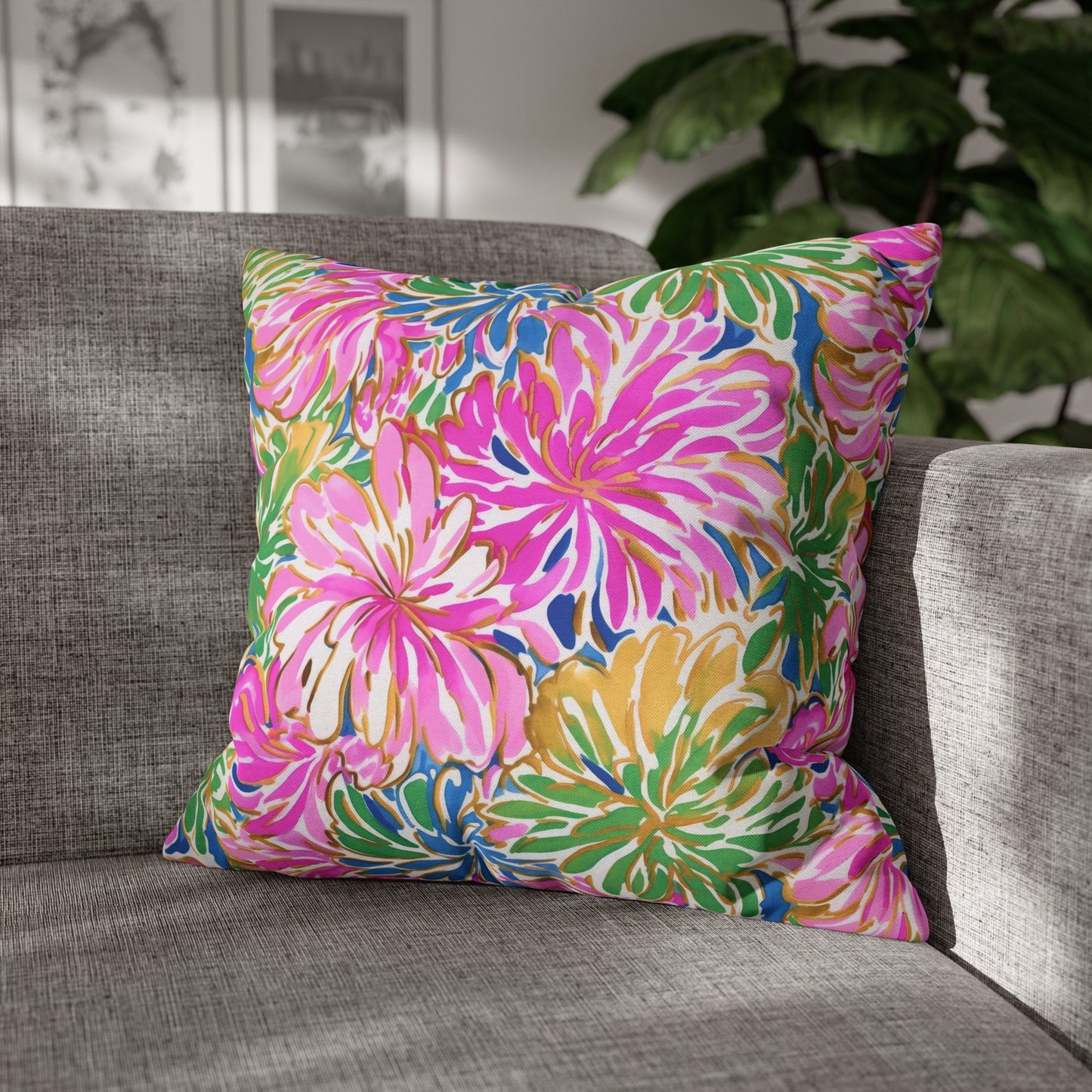 Pastel Bouquet: Large Blooms of Pink, Gold, and Blue in Watercolor Spun Polyester Square Pillowcase 4 Sizes