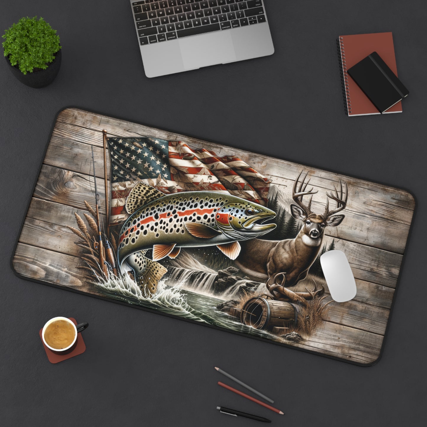 American Flag Trout Fishing Deer Camo Hunting Season Extended Gaming Mouse Pad  Desk Mat  - 3 Sizes