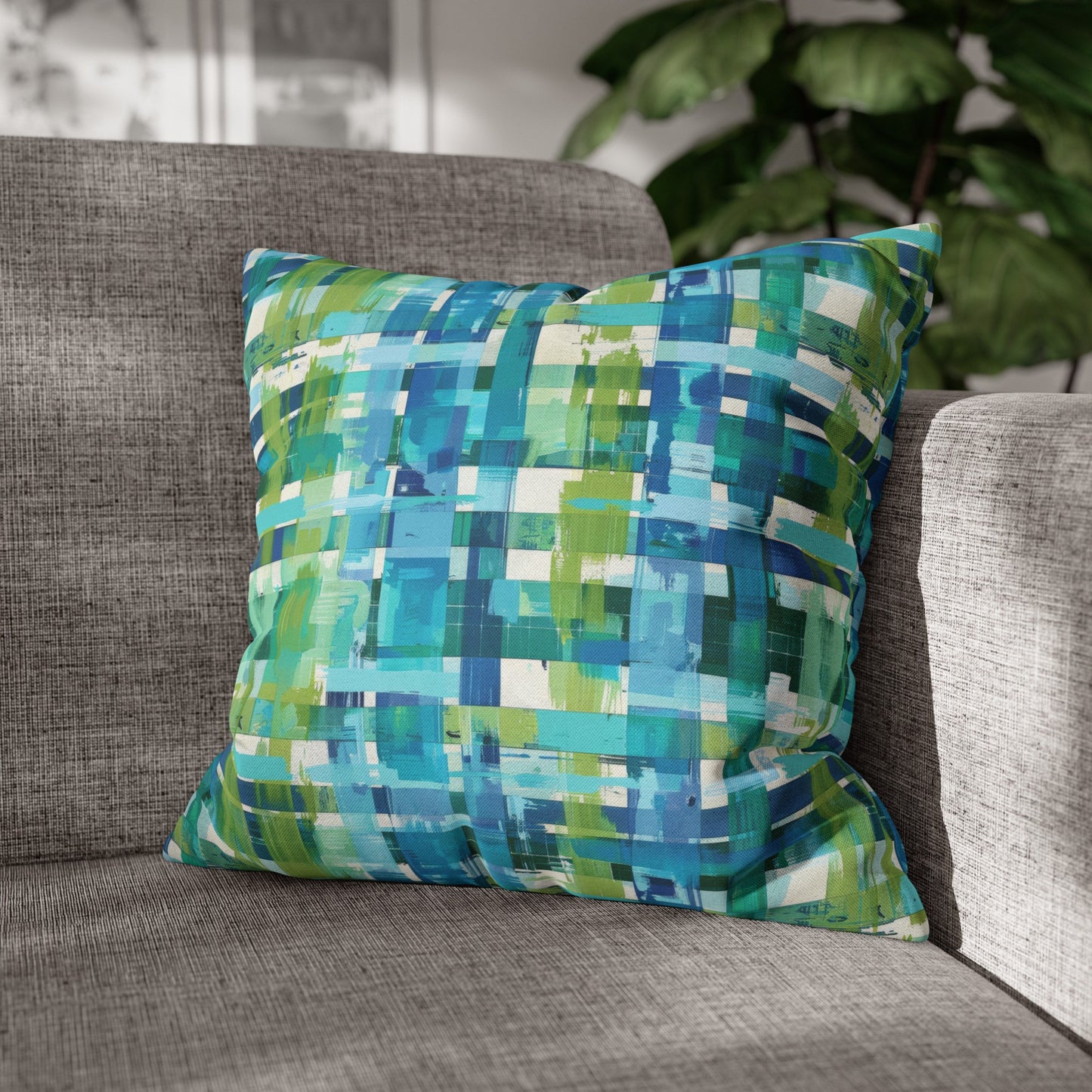 Enchanted Lagoon: Vibrant Green and Blue Abstract Plaid Spun Polyester Square Pillowcase 4 Sizes