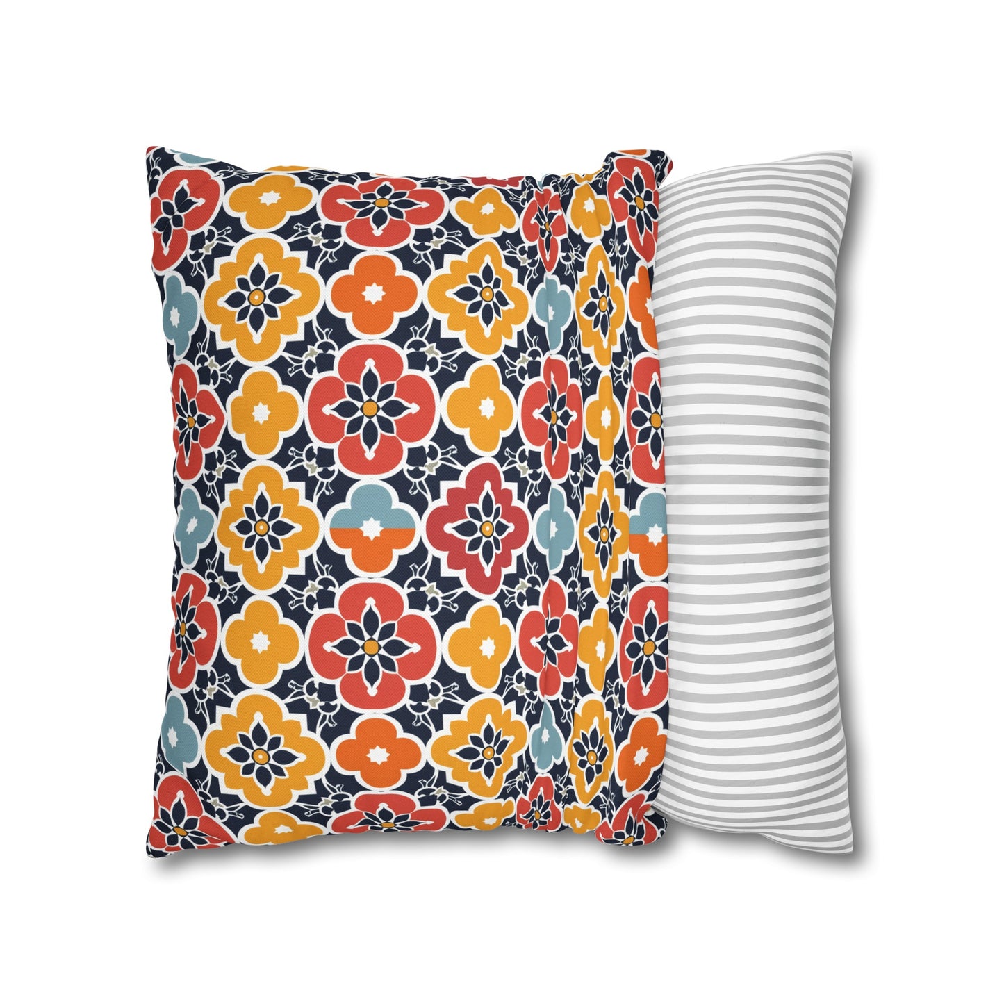 Vibrant Moroccan Orange, Gold and Blue Tile Pattern Spun Polyester Square Pillowcase 4 Sizes