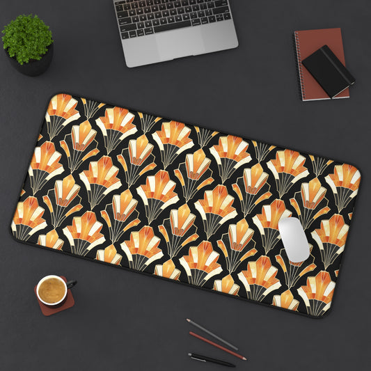 Art Deco Inspired Streamlined Geometric Florals in Orange and Black Extended Gaming Mouse Pad Desk Mat - 3 Sizes