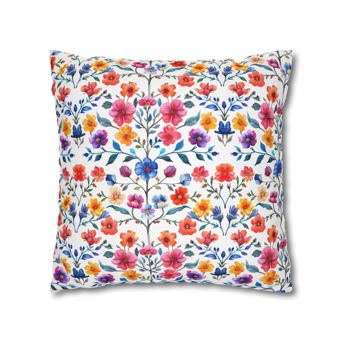 Botanical Symphony with Vibrant Watercolor Flowers  Spun Polyester Square Pillowcase 4 Sizes