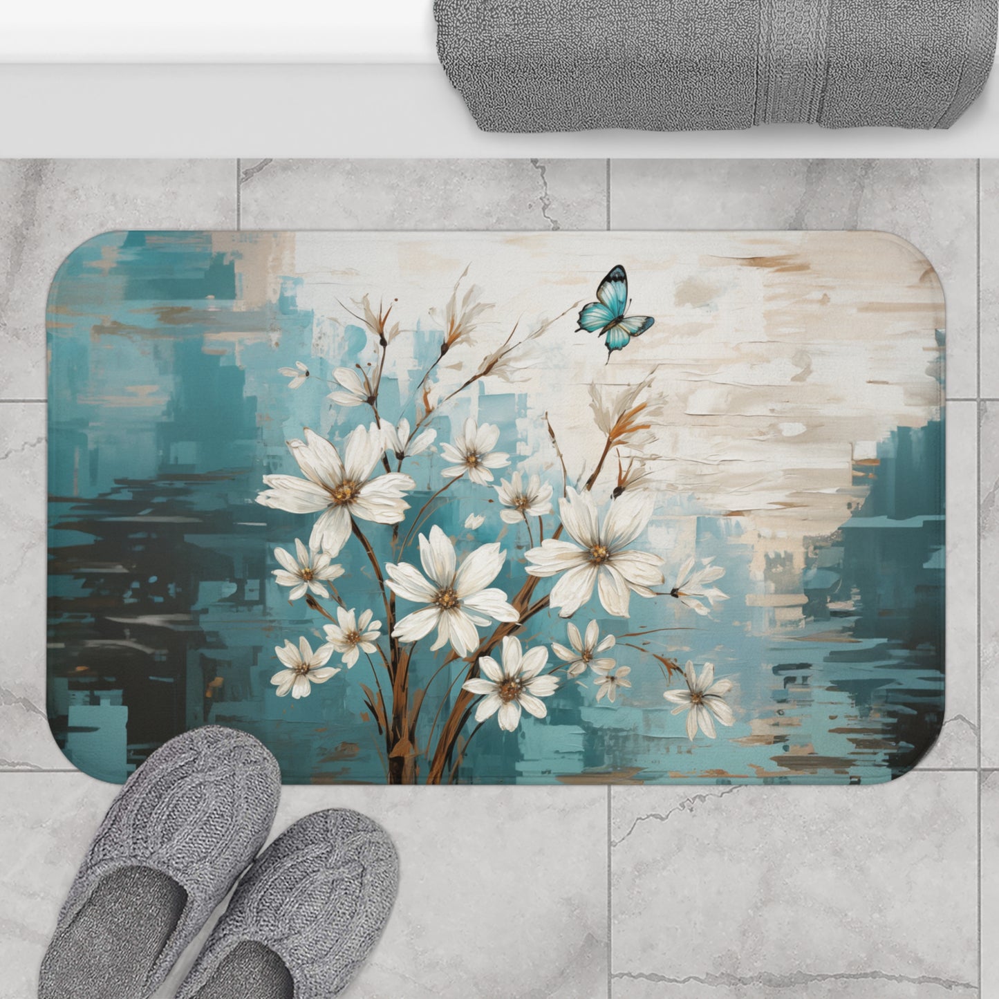 Rustic Farmhouse White and Teal Wild Daisies and Butterflies  - Bathroom Non-Slip Mat 2 Sizes