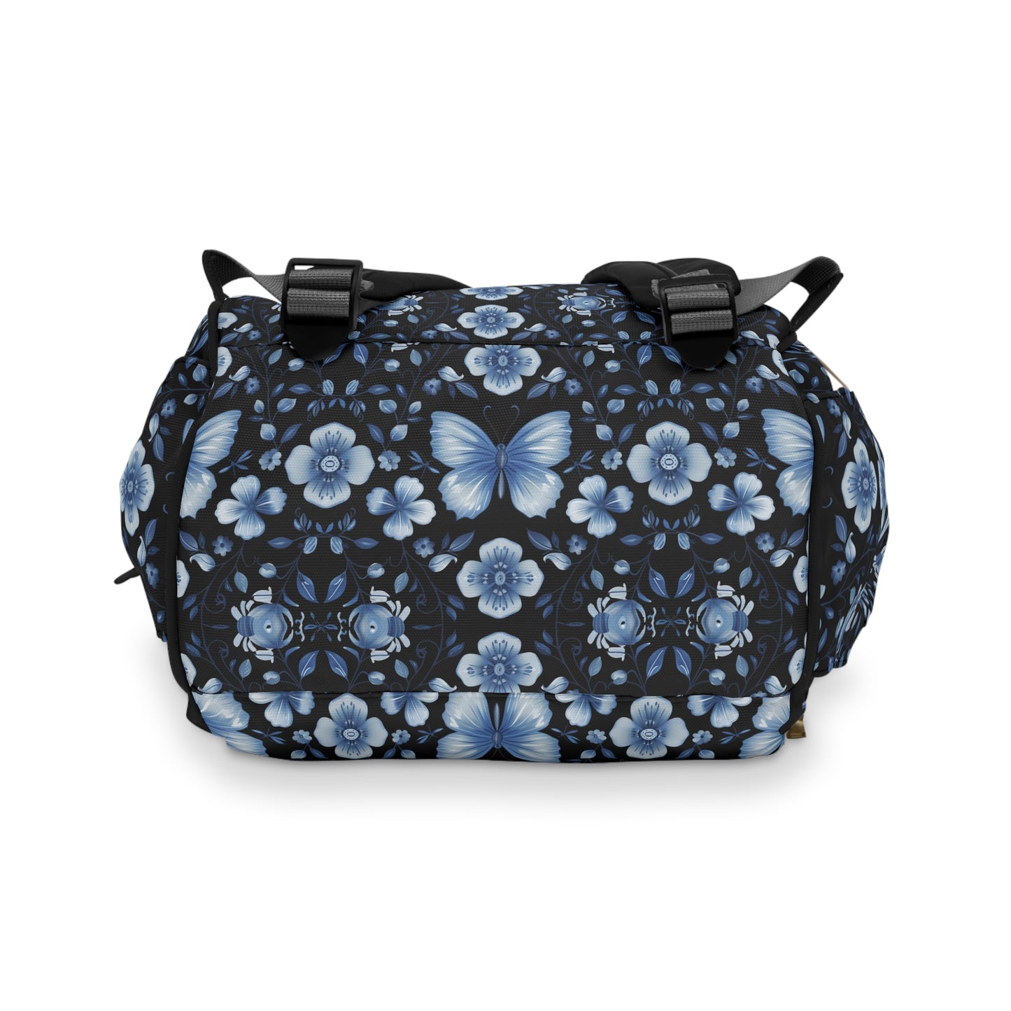 Enchanted Blue Butterflies and Blooms on Black Multifunctional Diaper Backpack