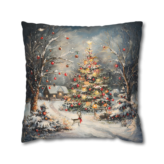 Enchanted Winter Haven: Reindeer, Christmas Tree, and Cottage Amidst Snowy Splendor Spun Polyester Square Pillowcase 4 Sizes