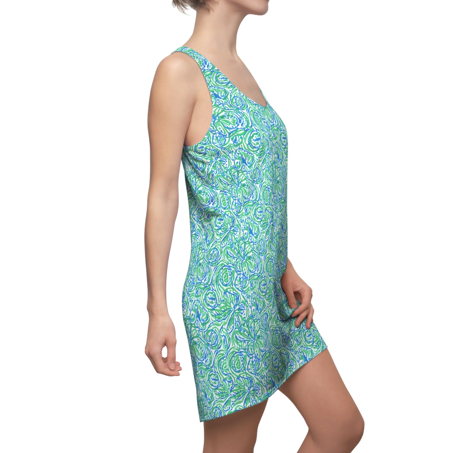 Emerald Tide: Swirling Green and Blue Flowers Women's Racerback Dress XS - 2XL