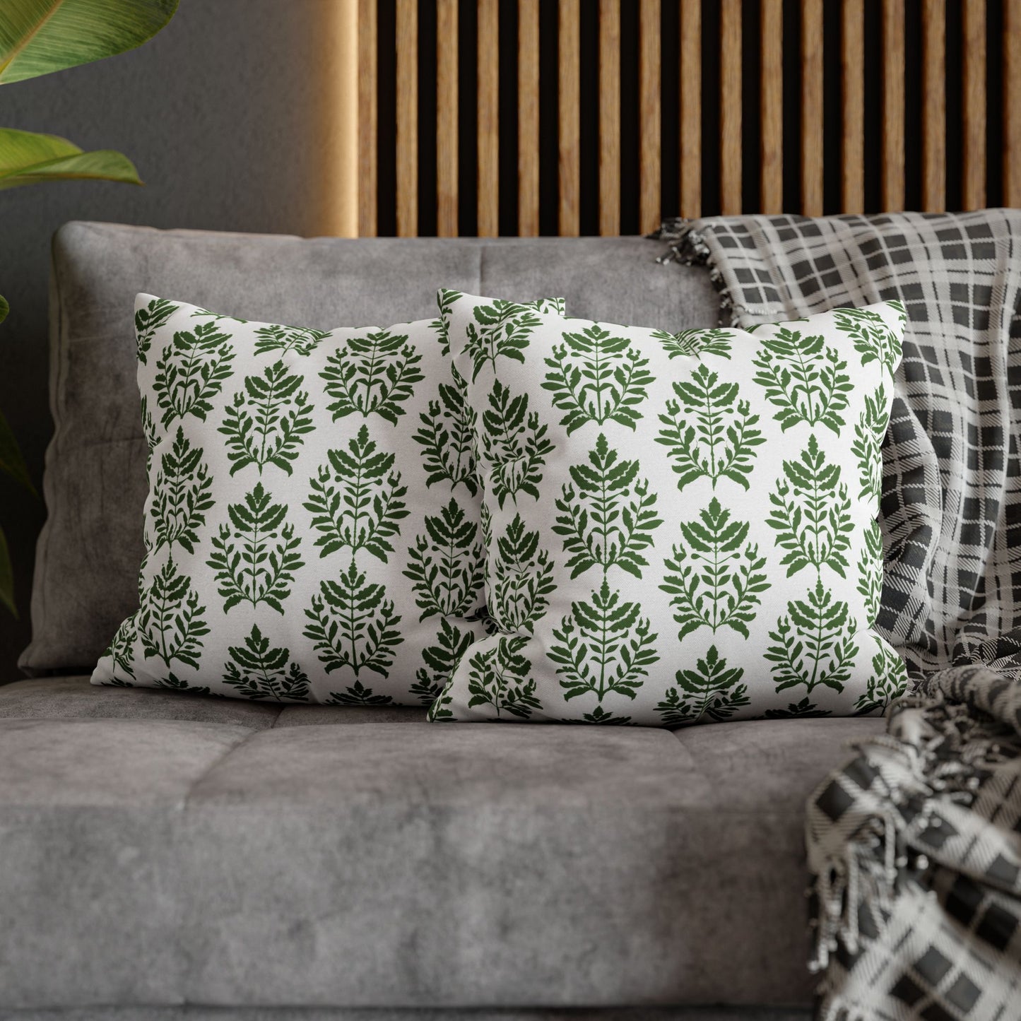 Verdant Harmony in Elegant Green Botanical Block Print Pattern Spun Polyester Square Pillowcase 4 Sizes