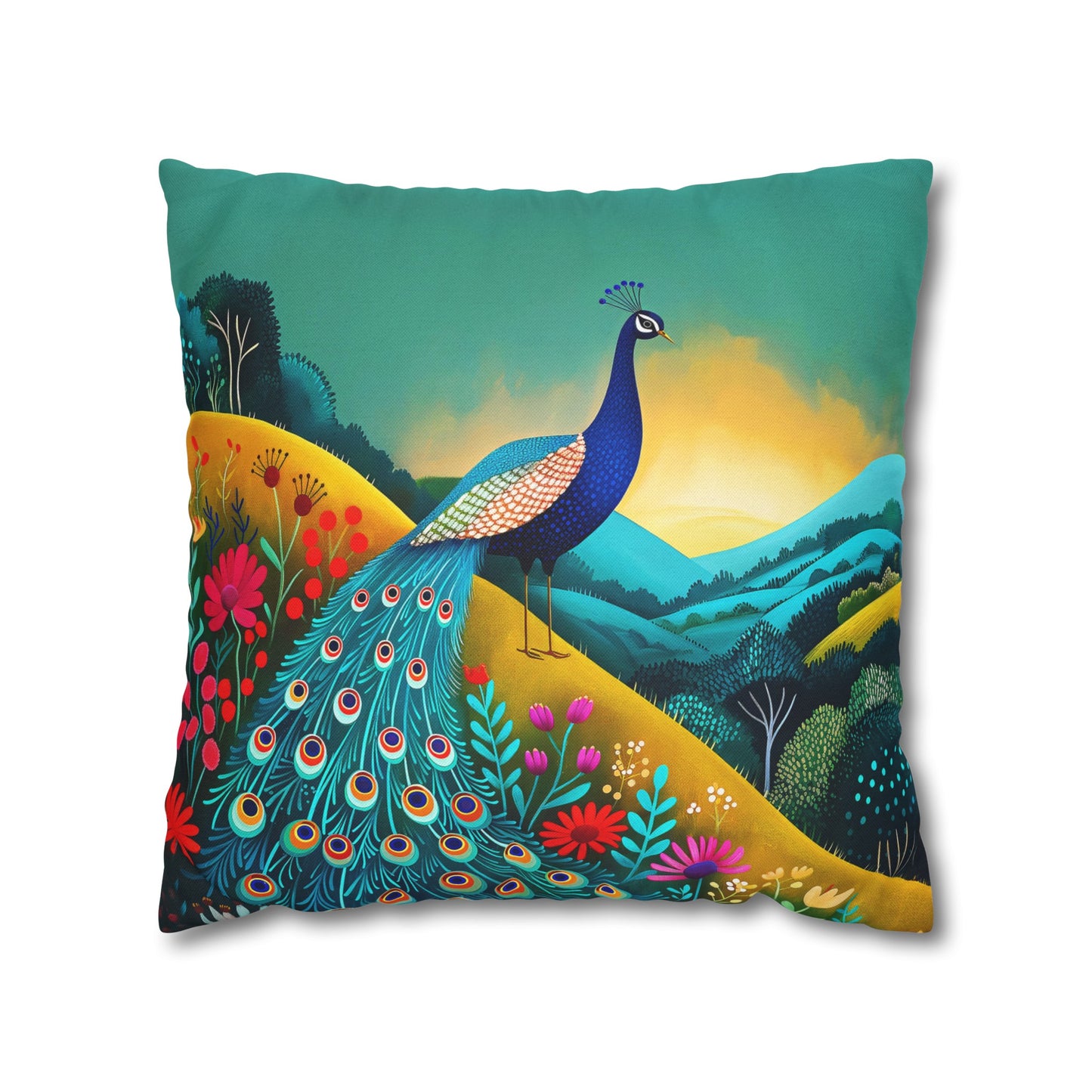 Radiant Peacock with Colorful Enchanted Garden and Sunrise Spun Polyester Square Pillowcase 4 Sizes