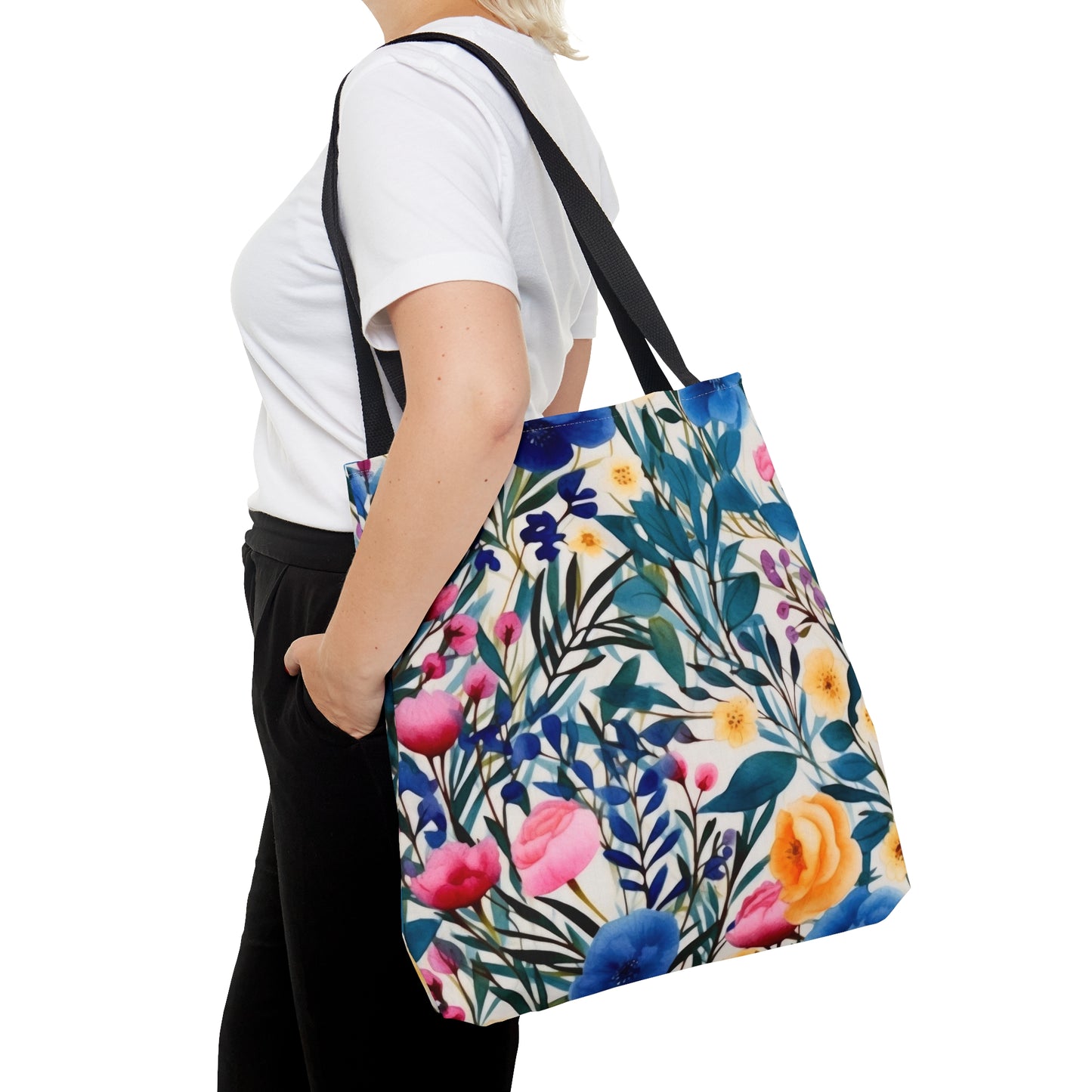 Blooming Brilliance: Large Watercolor Floral Design in Blue, Yellow, and Pink  - Canvas Tote 3 Sizes