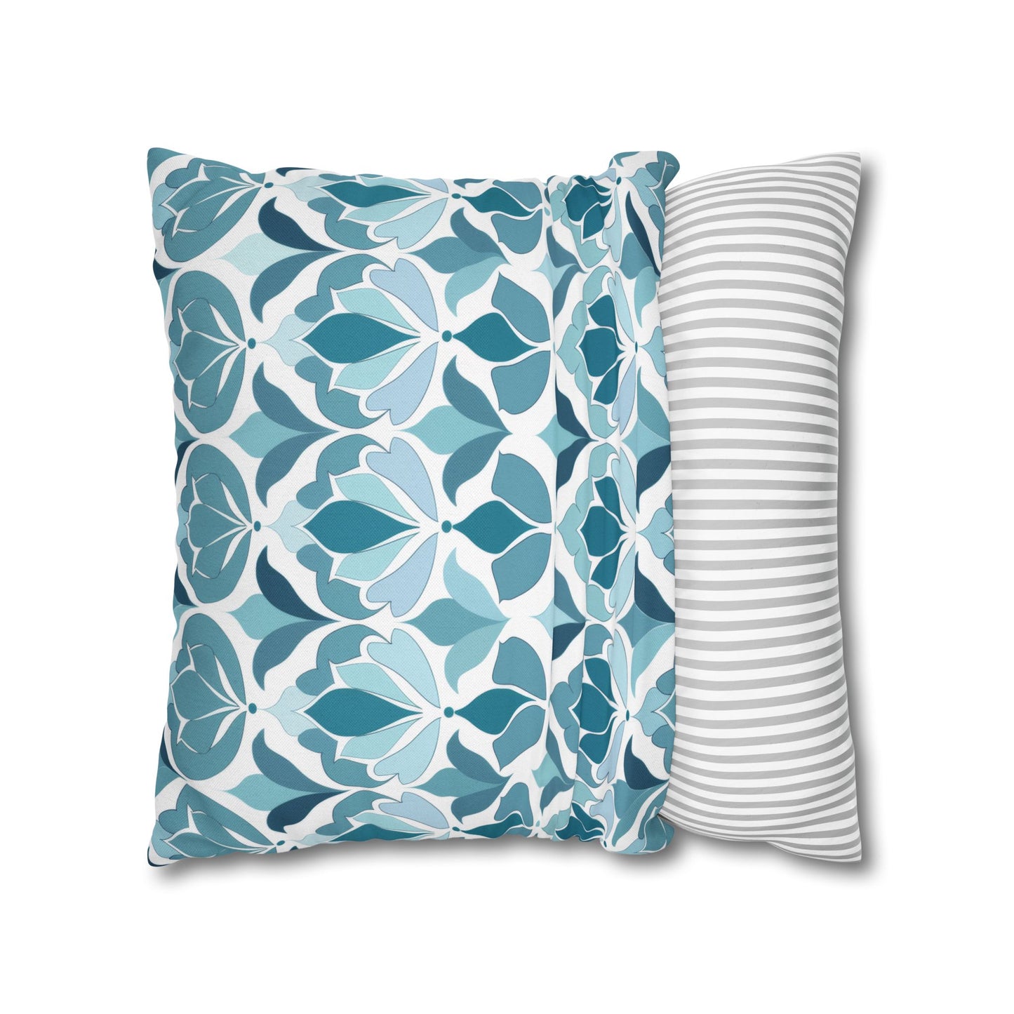 Serene Floral Pattern in Shades of Aqua and Teal, Forming Graceful Botanical Motifs Spun Polyester Square Pillowcase 4 Sizes