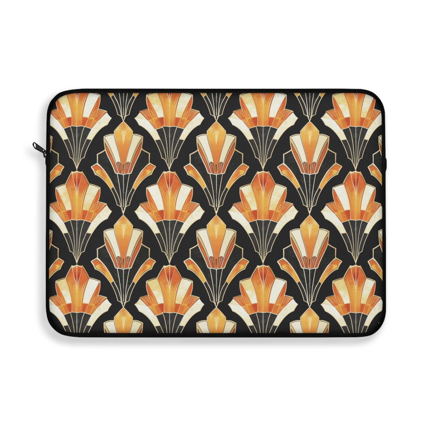 Art Deco Inspired Streamlined Geometric Florals in Orange and Black Laptop or Ipad Protective Sleeve 3 Sizes Available