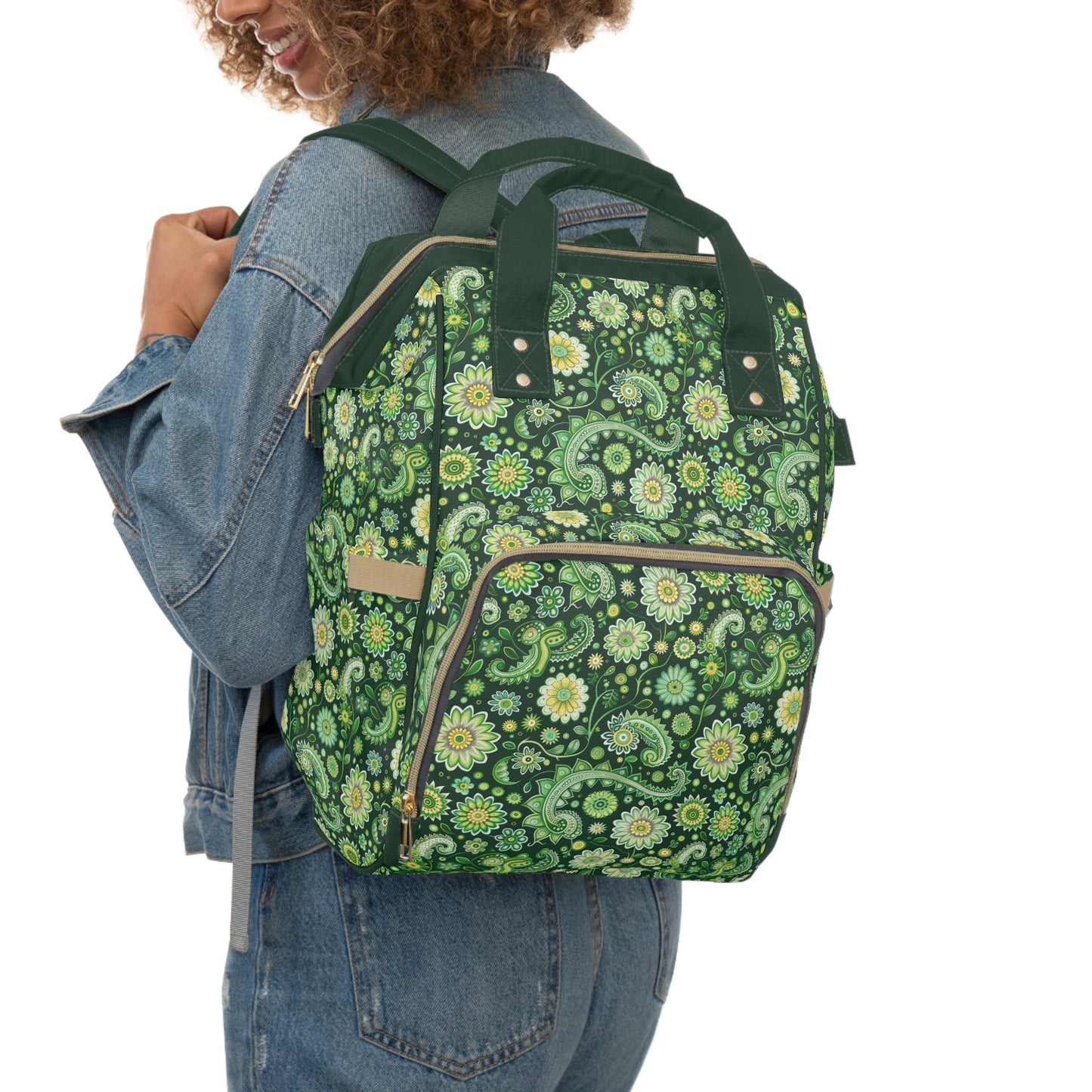 Emerald Oasis in Lush Paisley and Floral Mandala in Soothing Green Tones Multifunctional Diaper Backpack