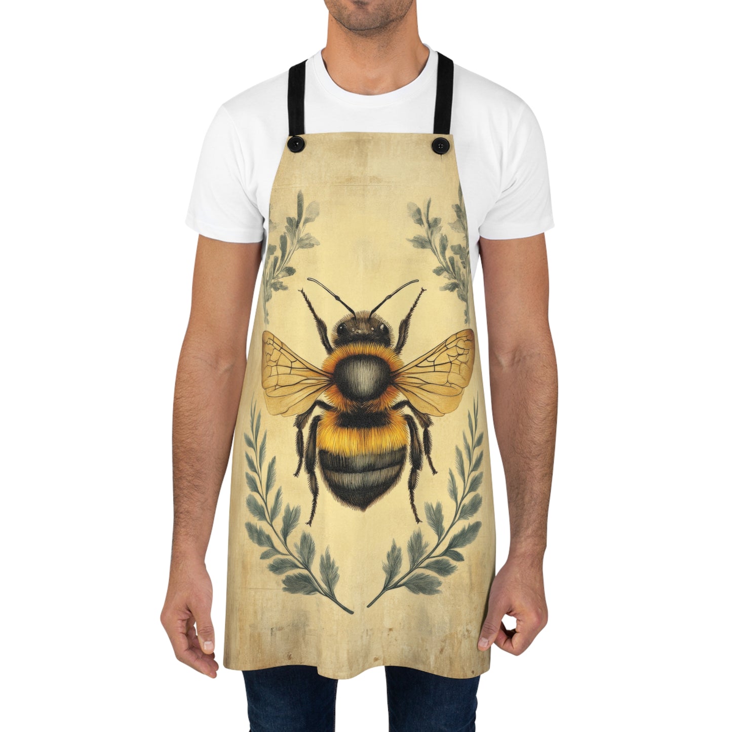 Vintage Botanical Bee Illustration with Ferns Kitchen Chef Apron