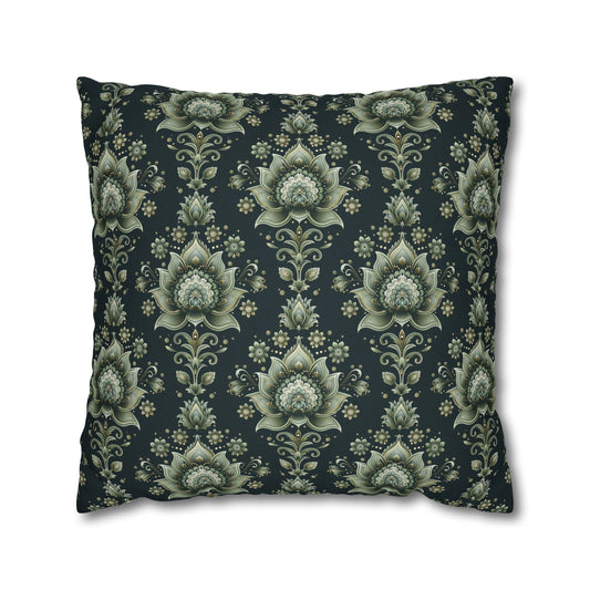 Ornate Green Mandala with Golden Accents on Dark Background Polyester Square Pillowcase 4 Sizes