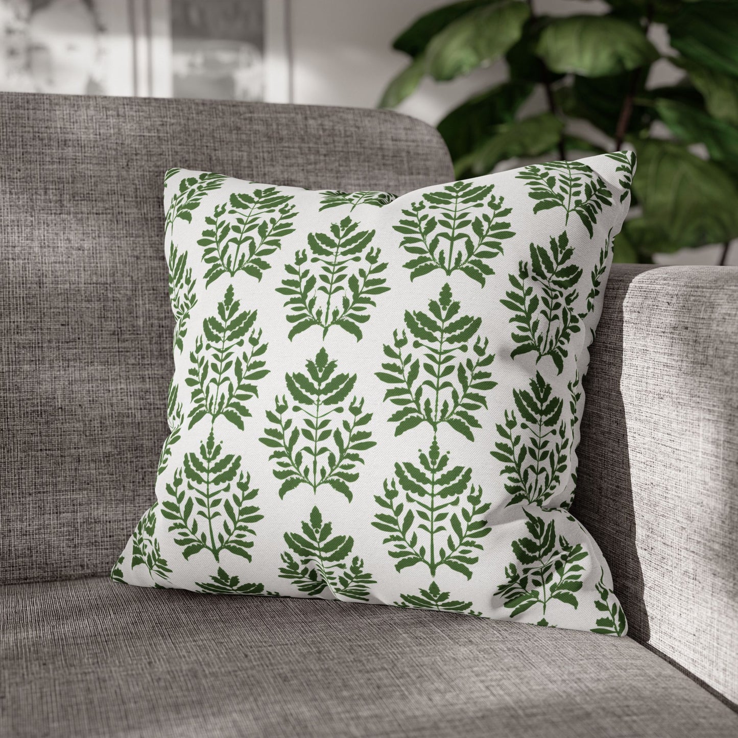 Verdant Harmony in Elegant Green Botanical Block Print Pattern Spun Polyester Square Pillowcase 4 Sizes