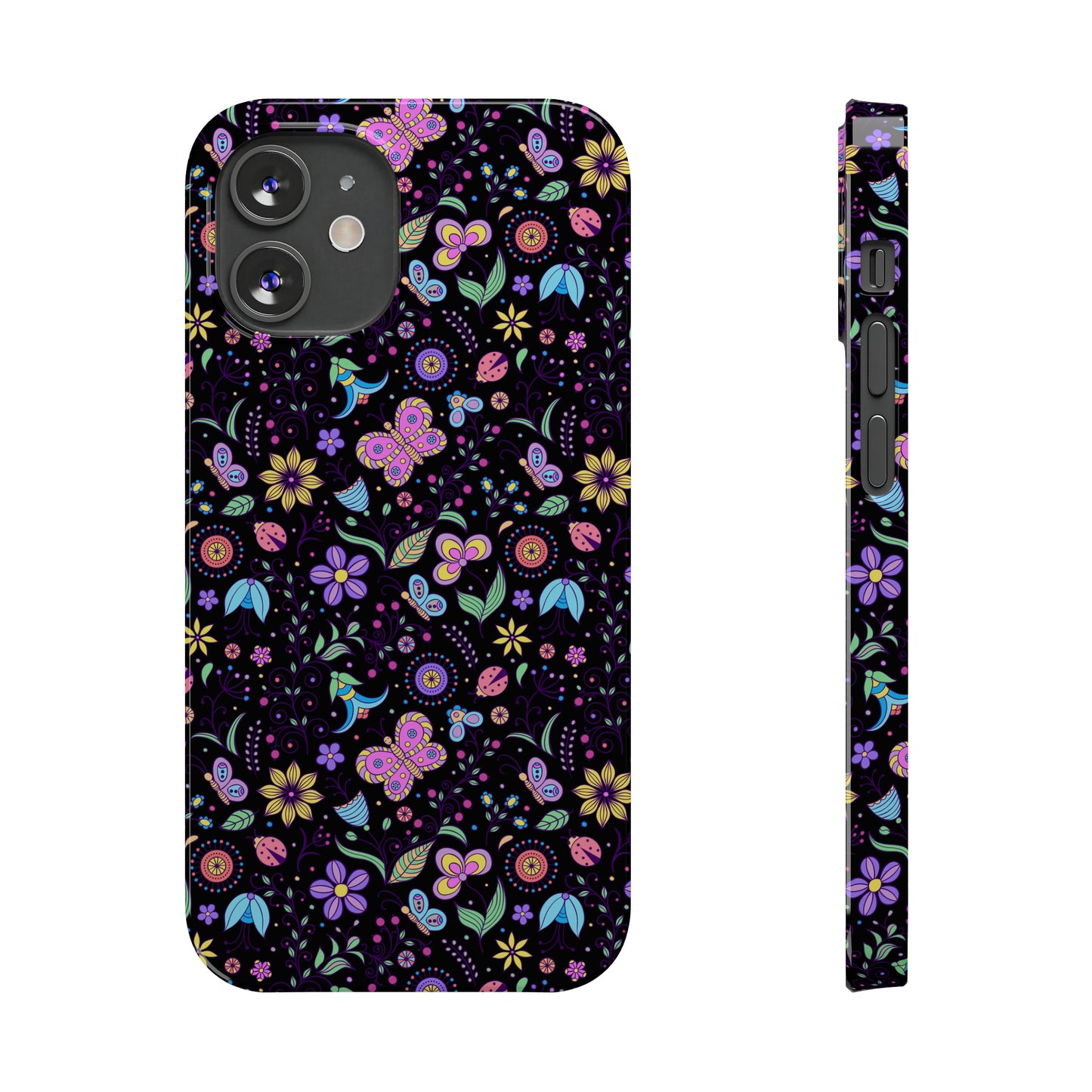 Butterflies and Flowers Black Background Iphone 15-12 Slim Phone Case