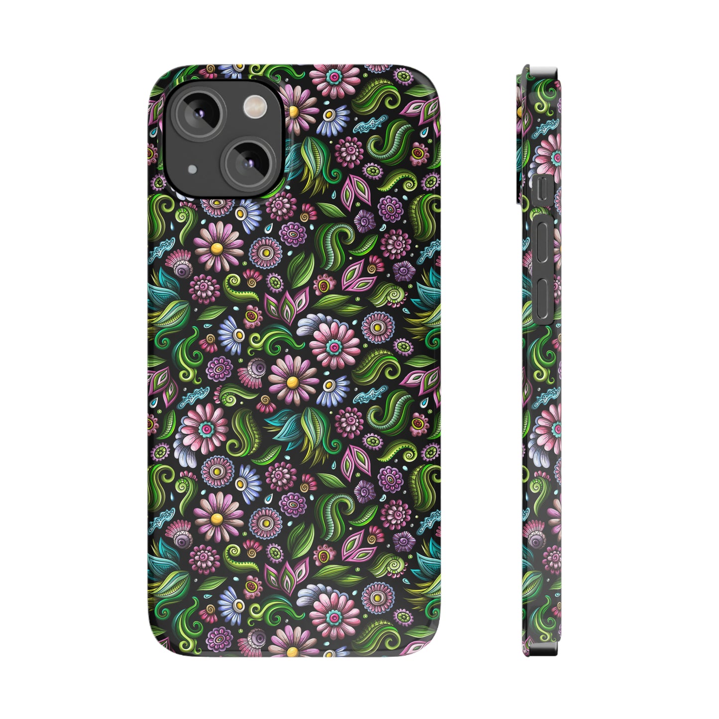 Purple & Pink Daisy Floral Print on Black Background Iphone 15-12 Slim Phone Case