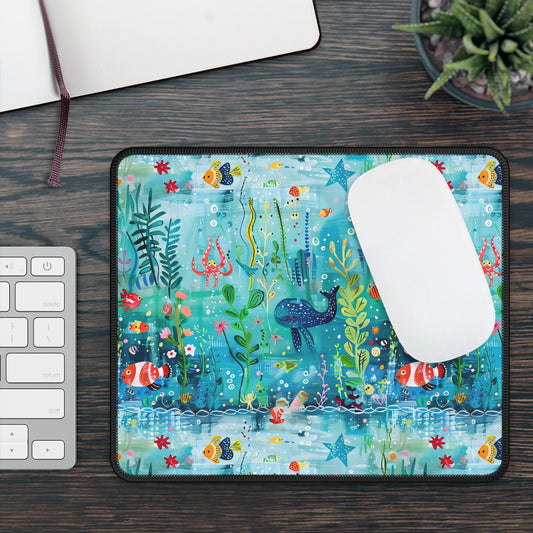 Ocean Enchantment: Magical Watercolor Sea Creatures Gaming Mouse Pad with Finished Edges