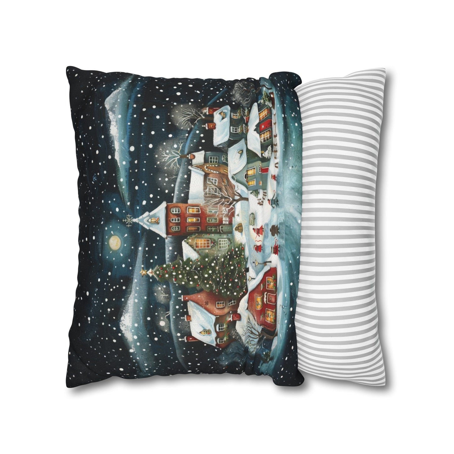 Midnight Magic: Winter Town Aglow with Christmas Decorations and Tree Spun Polyester Square Pillowcase 4 Sizes