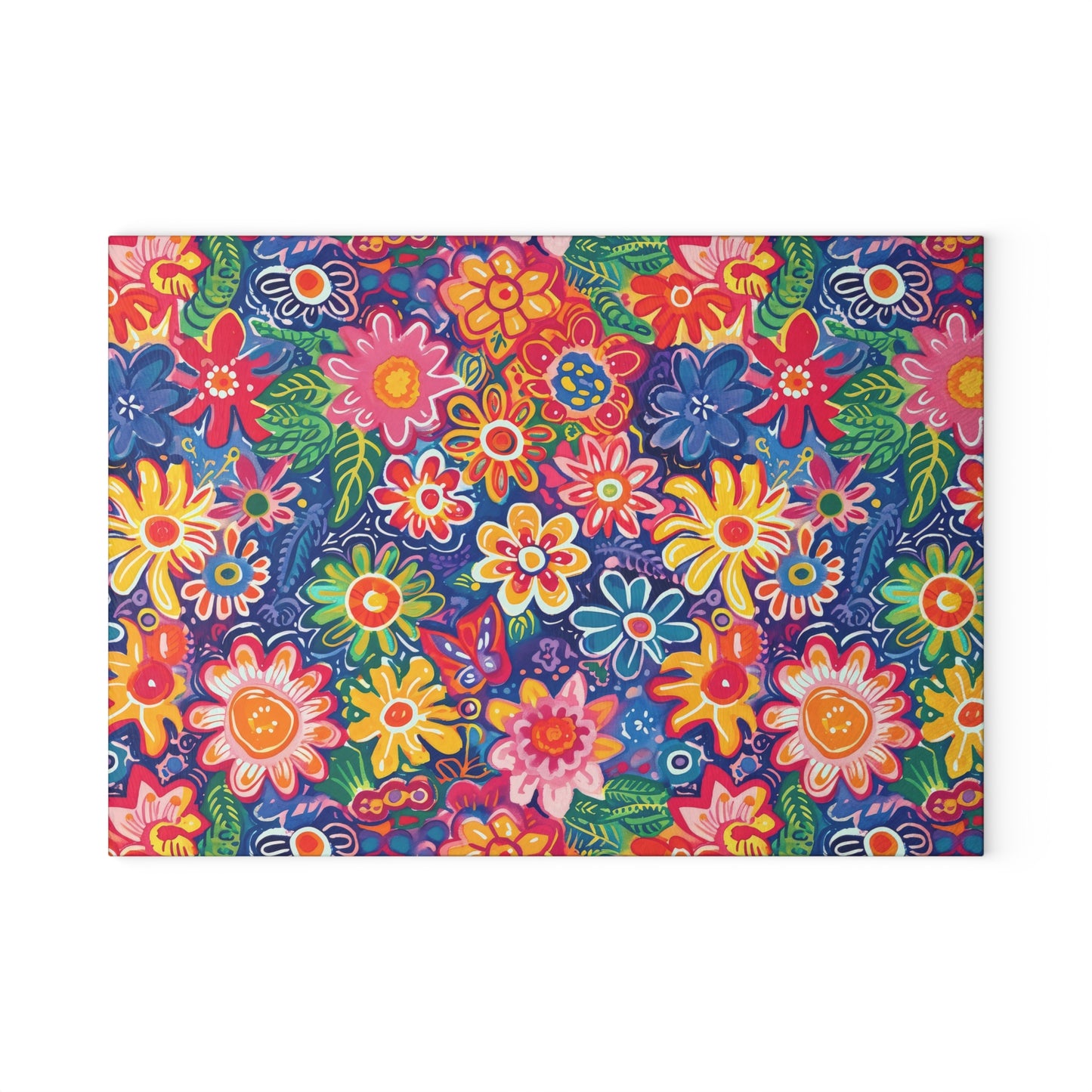 Fluttering Kaleidoscope: Vibrant Multicolor Flowers and Butterflies in Flight Cutting Board 2 Sizes