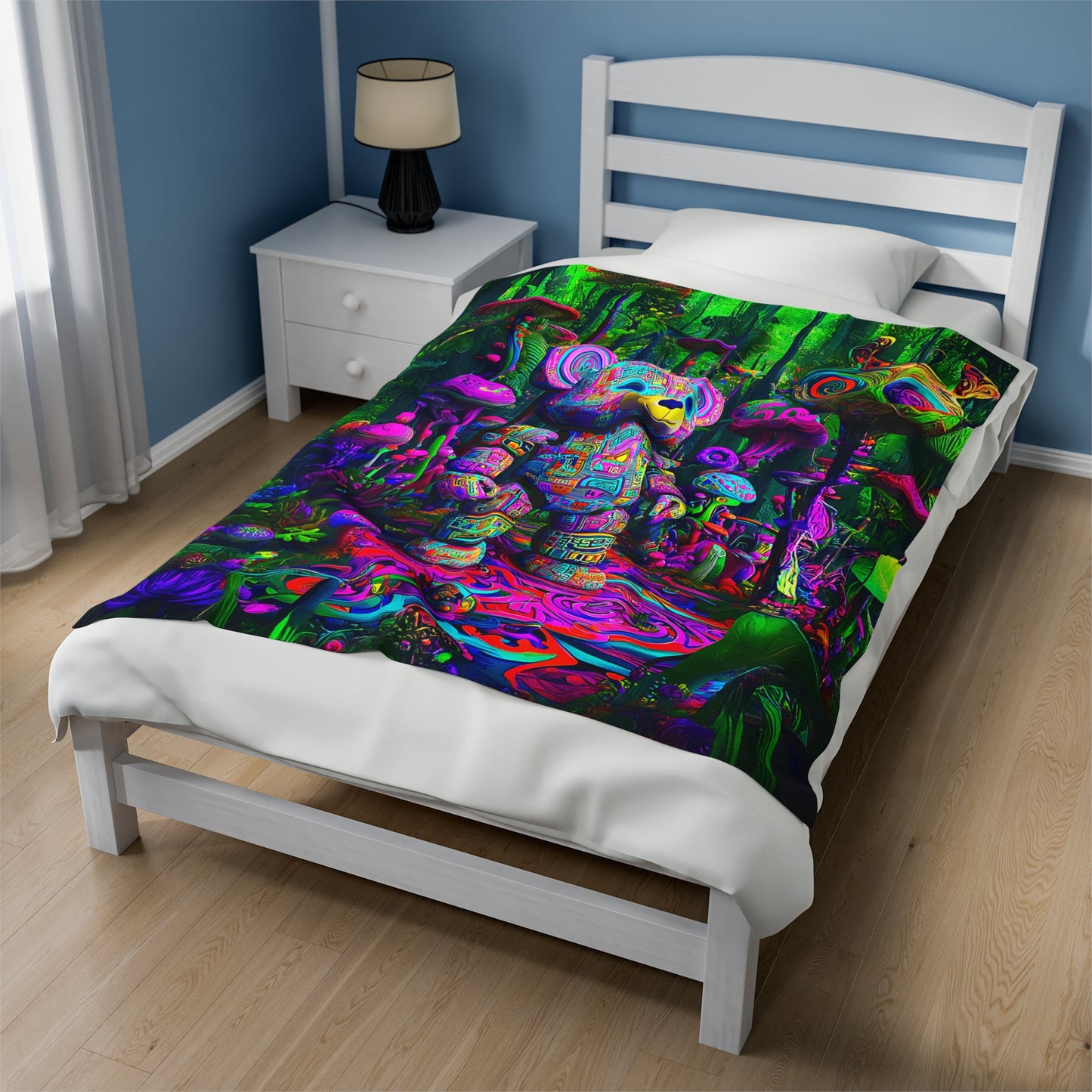 Neon Bear Guardian Adventure in a Mystical Mushroom Forest Velveteen Plush Blanket 3 Sizes