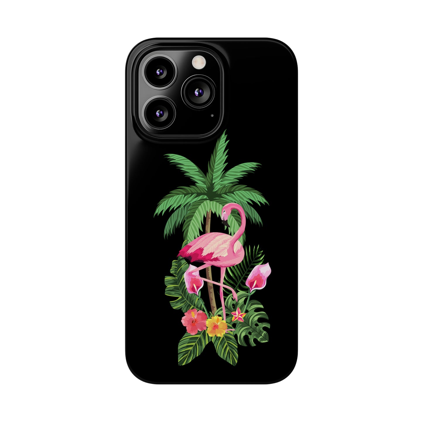 Tropical Pink Flamingo and Flowers Black Background Iphone 15-12 Slim Phone Case