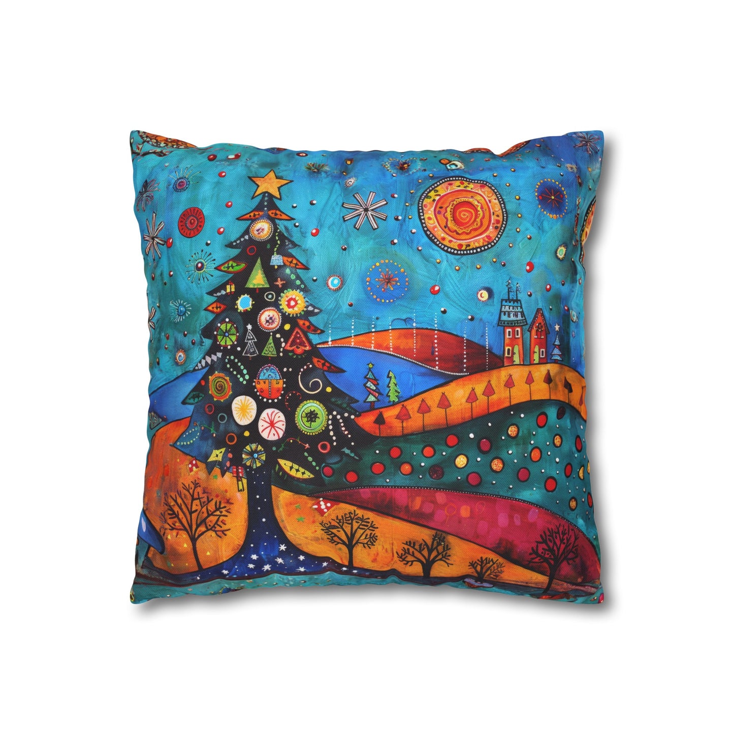 Folk Art Christmas Tree Nestled Amidst Rolling Hills Spun Polyester Square Pillowcase 4 Sizes