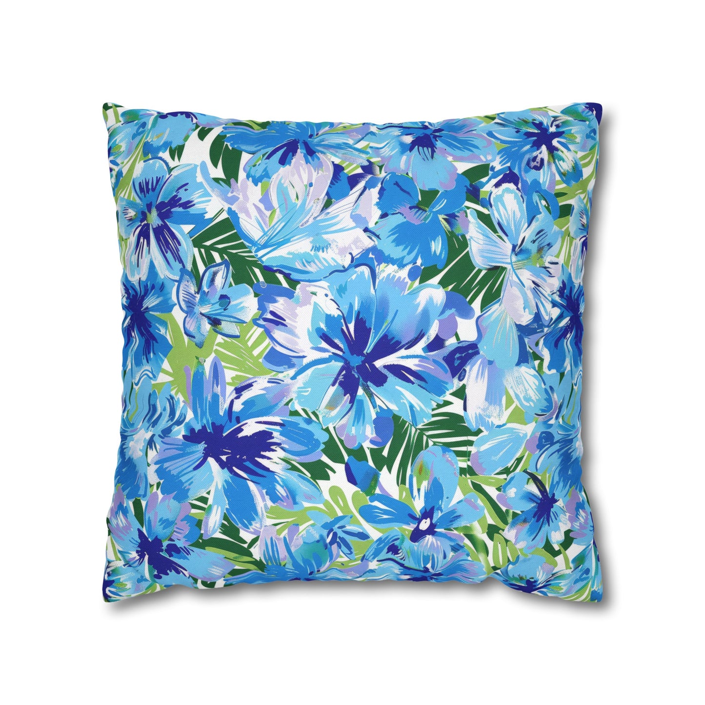 Azure Bloom Oasis: Bright Blue Large Flowers with Lush Green Palm Leaves Spun Polyester Square Pillowcase 4 Sizes