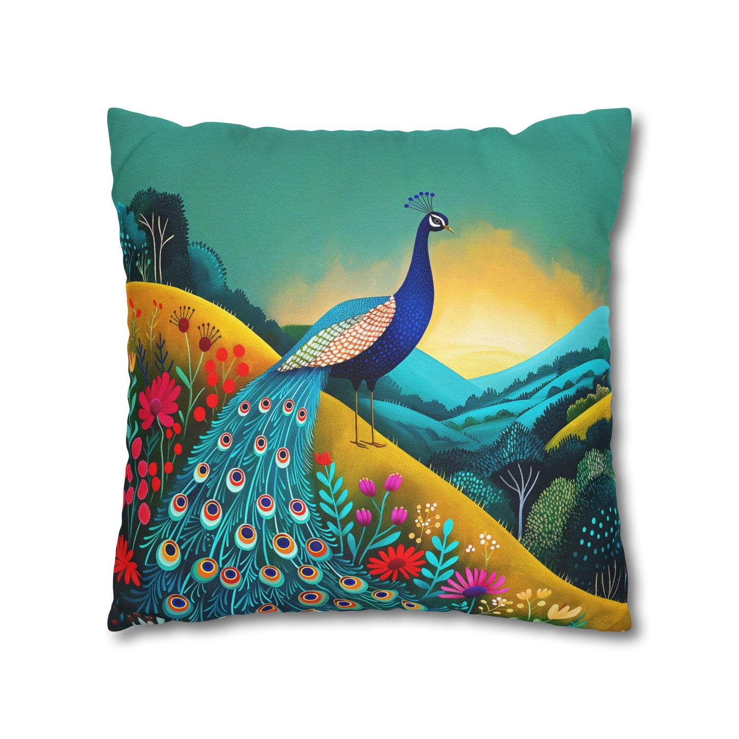 Radiant Peacock with Colorful Enchanted Garden and Sunrise Spun Polyester Square Pillowcase 4 Sizes