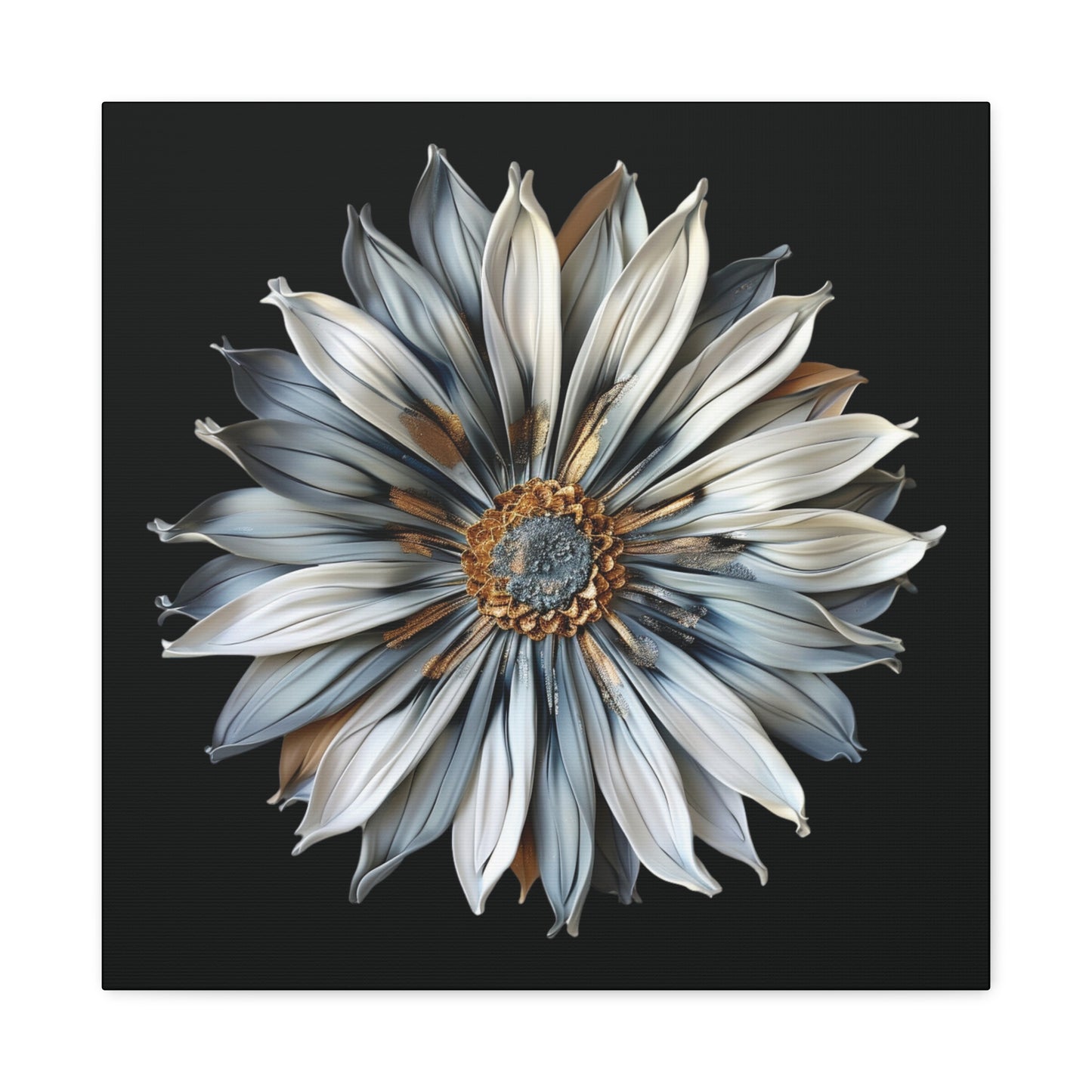 Pale Blue and Gold Sculpted Daisy on Black Background Print on Canvas Gallery Wraps  - 5 Sizes