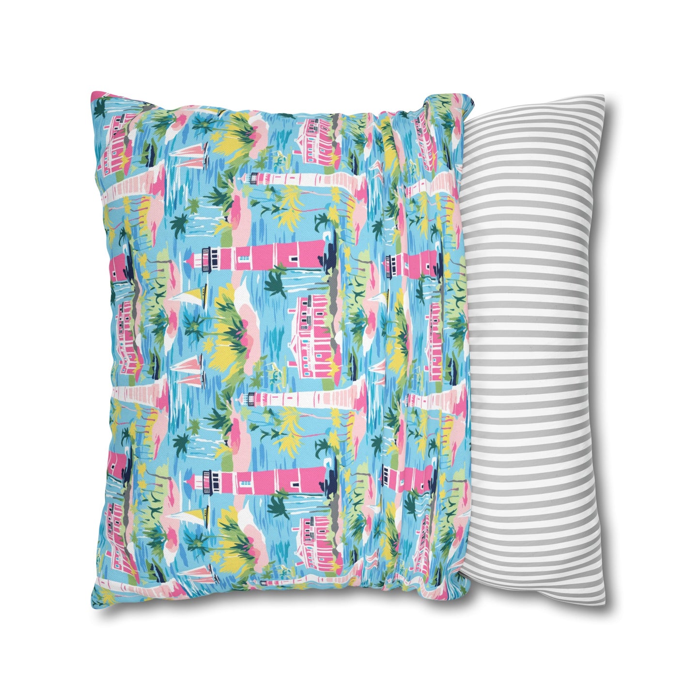 Coastal Charms: Sailboats and Lighthouses Adorning the Coastline Spun Polyester Square Pillowcase 4 Sizes