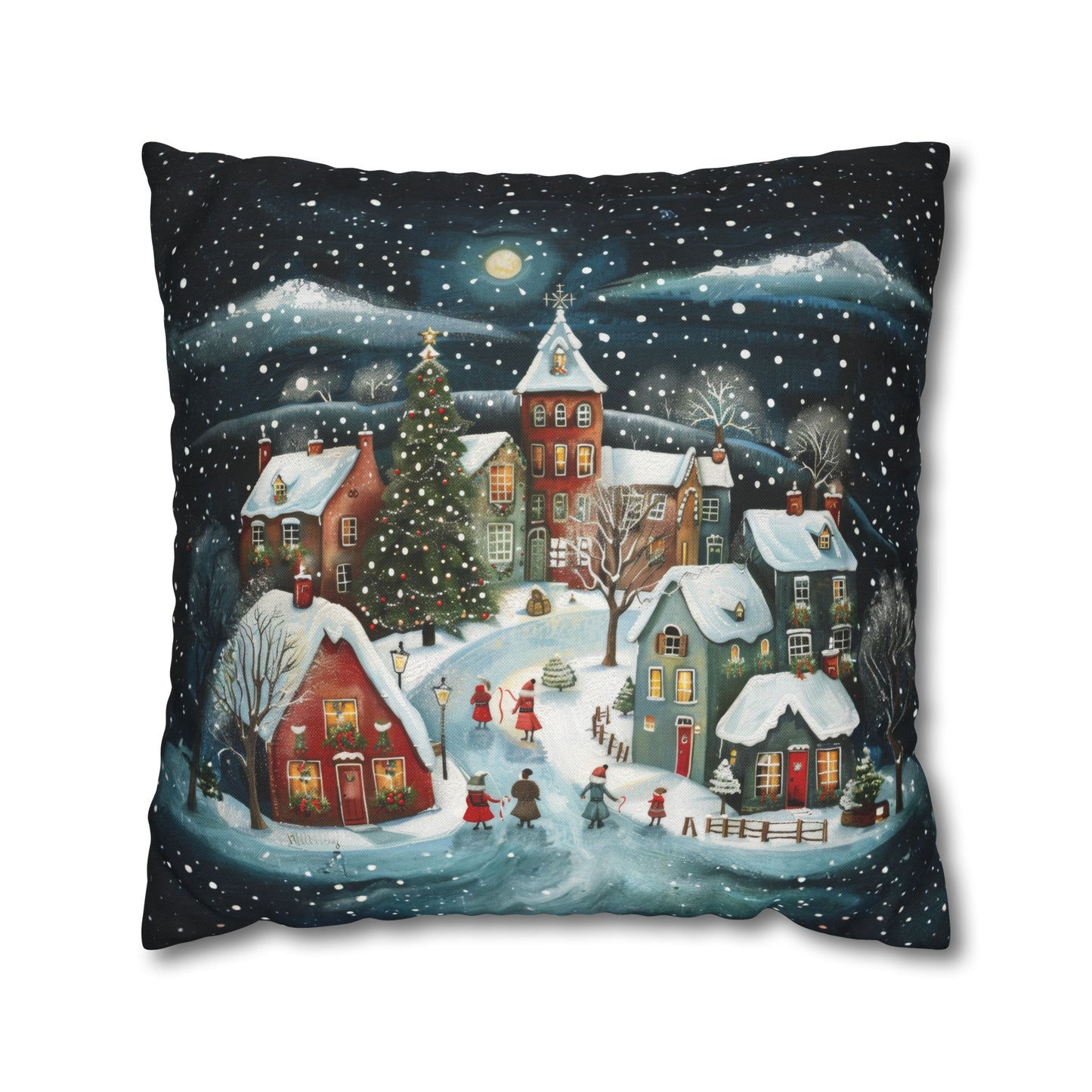 Midnight Magic: Winter Town Aglow with Christmas Decorations and Tree Spun Polyester Square Pillowcase 4 Sizes