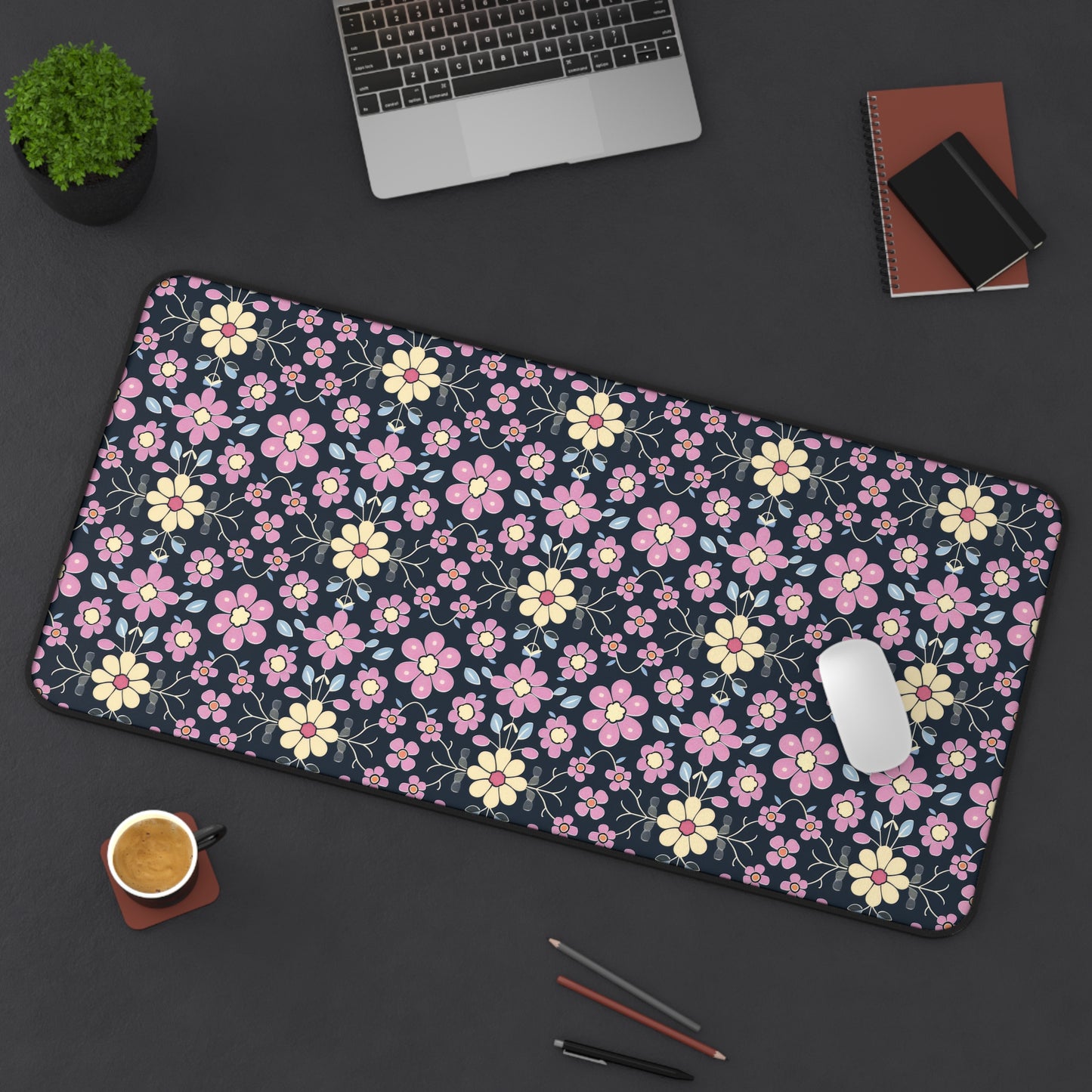 Charming Pastel Pink and Yellow Flowers on Navy Blue Background Extended Gaming Mouse Pad  Desk Mat  - 3 Sizes