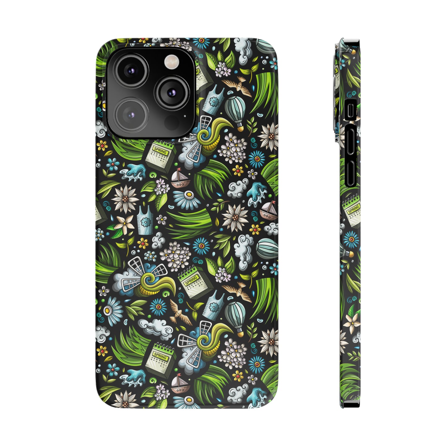 Spring Flowers and Gardening Design on Black Background Iphone 15-12 Slim Phone Case