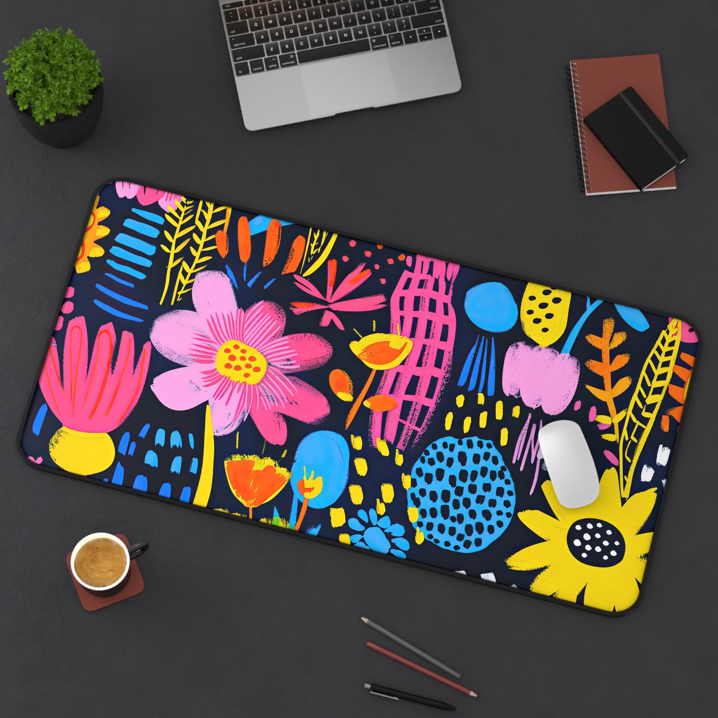 Abstract Floral Delight: Pink, Blue, and Yellow Blossoms Desk Mat Extended Gaming Mouse Pad - 3 Sizes